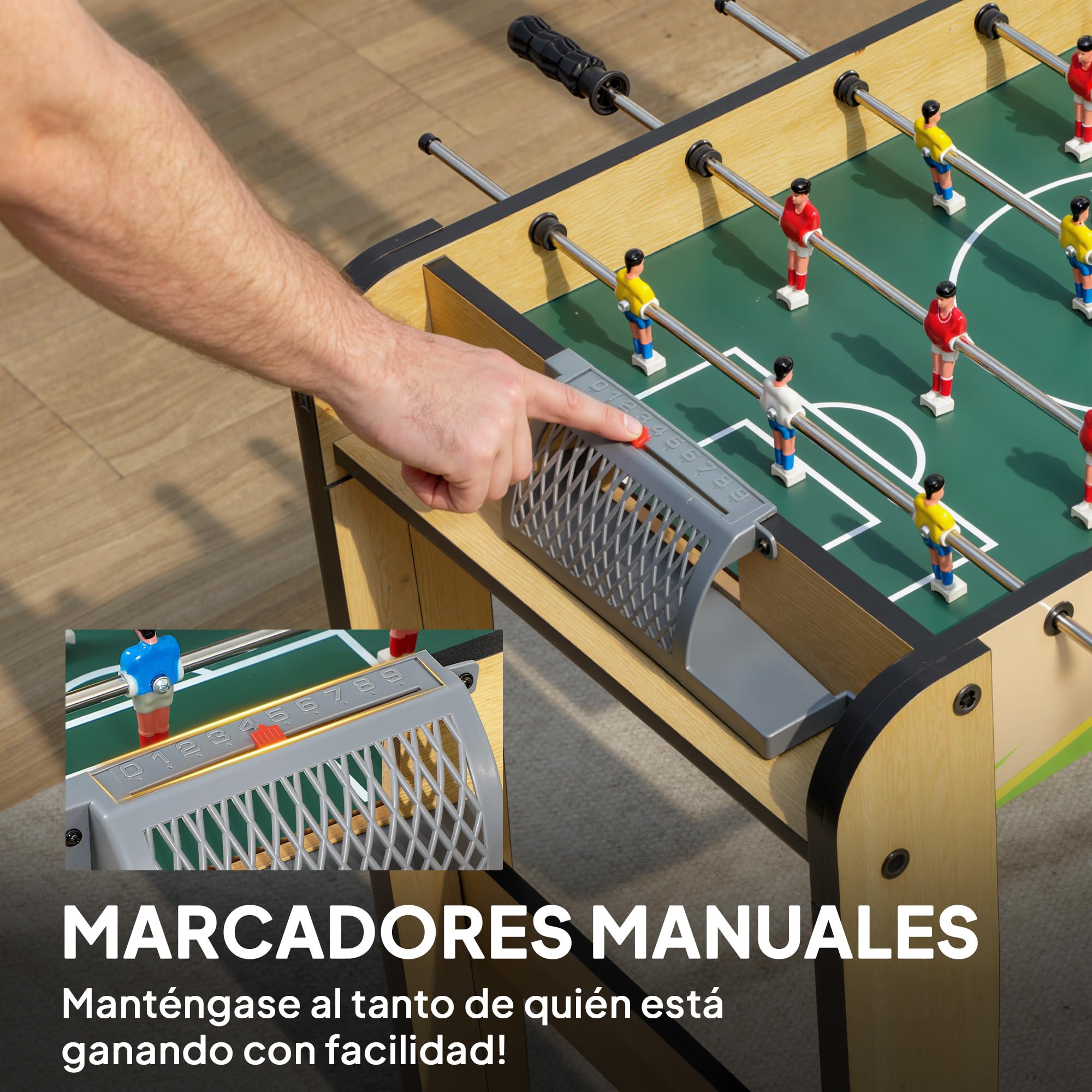 SPORTNOW Futbolín para Niños de Madera, Mesa de Futbolín con 2 Marcadores, 6 Asas, 18 Jugadores, 6 Barras y 2 Bolas, Regalo para Adultos, Familias, Fiestas, 75x66x75 cm, Natural