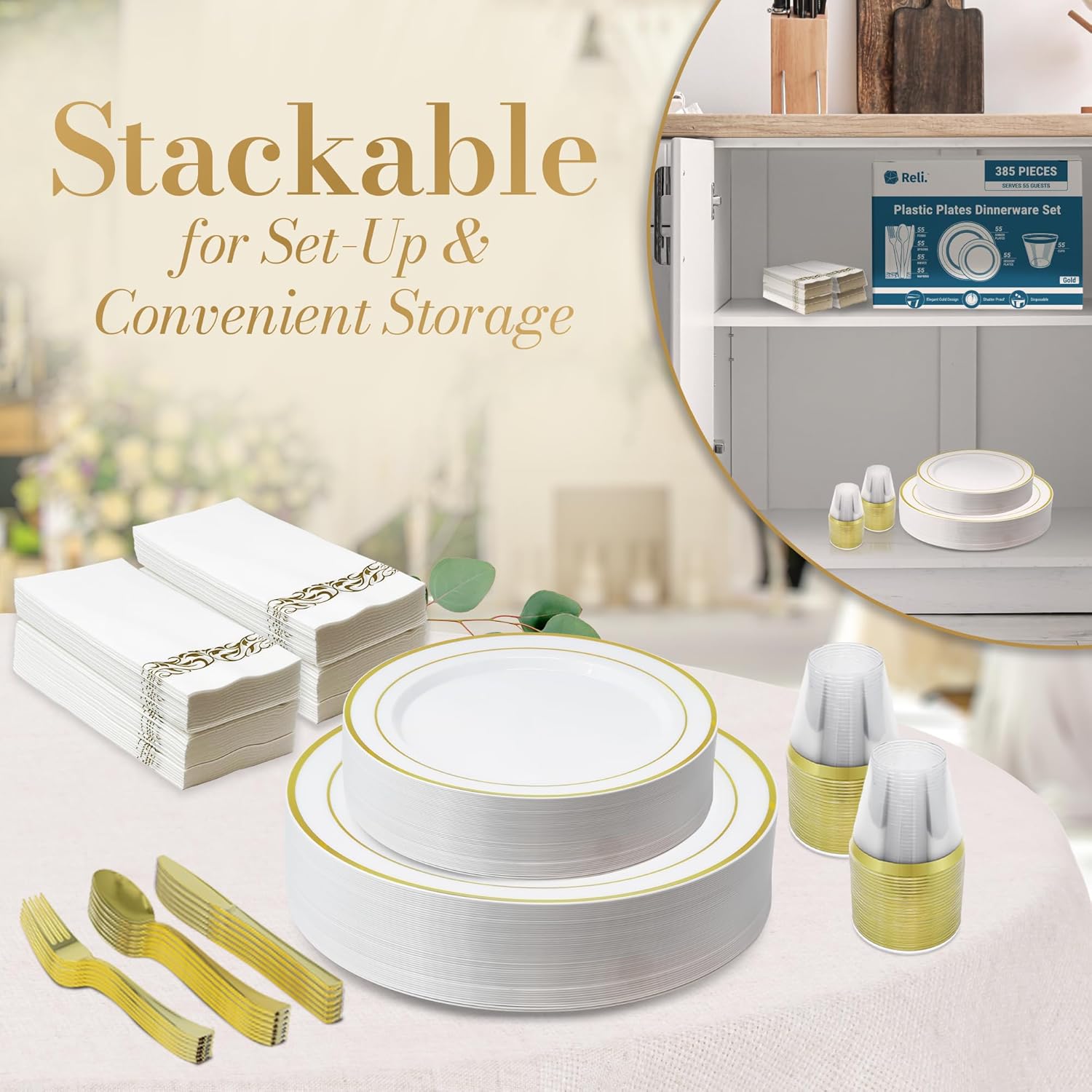 Reli. Plastic Plates for Party | 385 Pieces | White w/Gold Rim | Plates and Napkins Party Supplies | Disposable Dinnerware Set for 55 Guests | Dinner & Dessert Pack, Gold Cutlery Set, Napkins, Cups