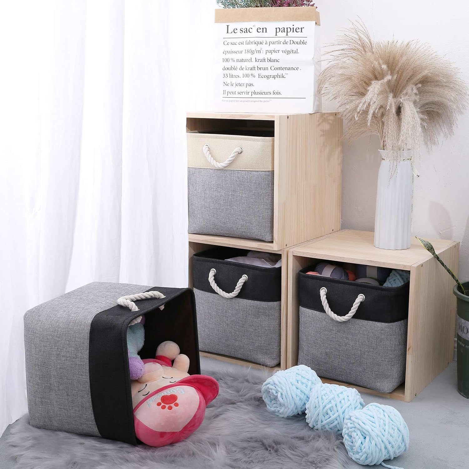 DDFUSM Large Collapsible Storage Cubes Set (3 Pack), 13 x 13 x 13in Linen Fabric Storage Basket Bins with Cotton Handles for Clothes, Kid Room, Shelves, Closet, Organizing, Storage Bench(Grey/Balck)