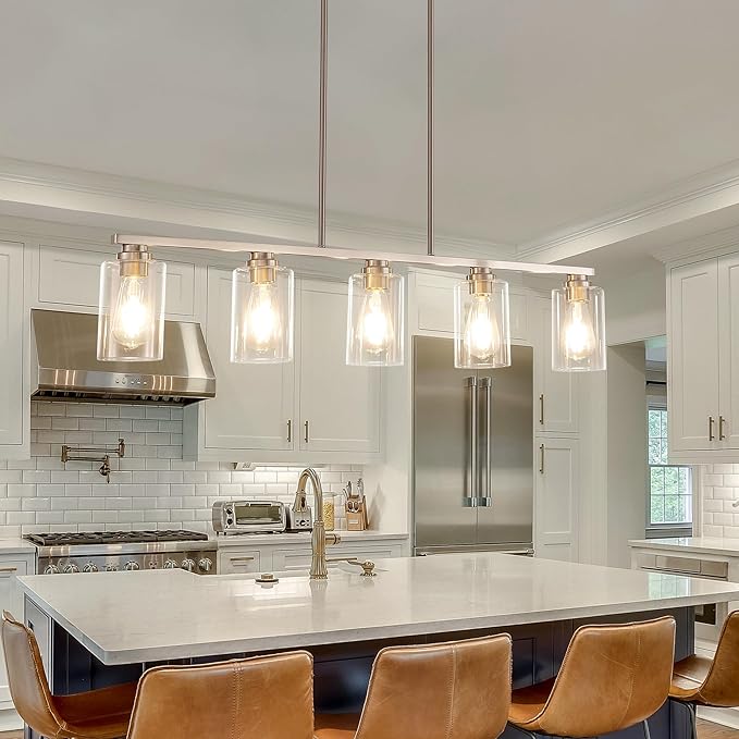 Mecgirn Island Light for Kitchen, Brushed Nickel Dining Room Light Fixture Over Table, 5-Light ...