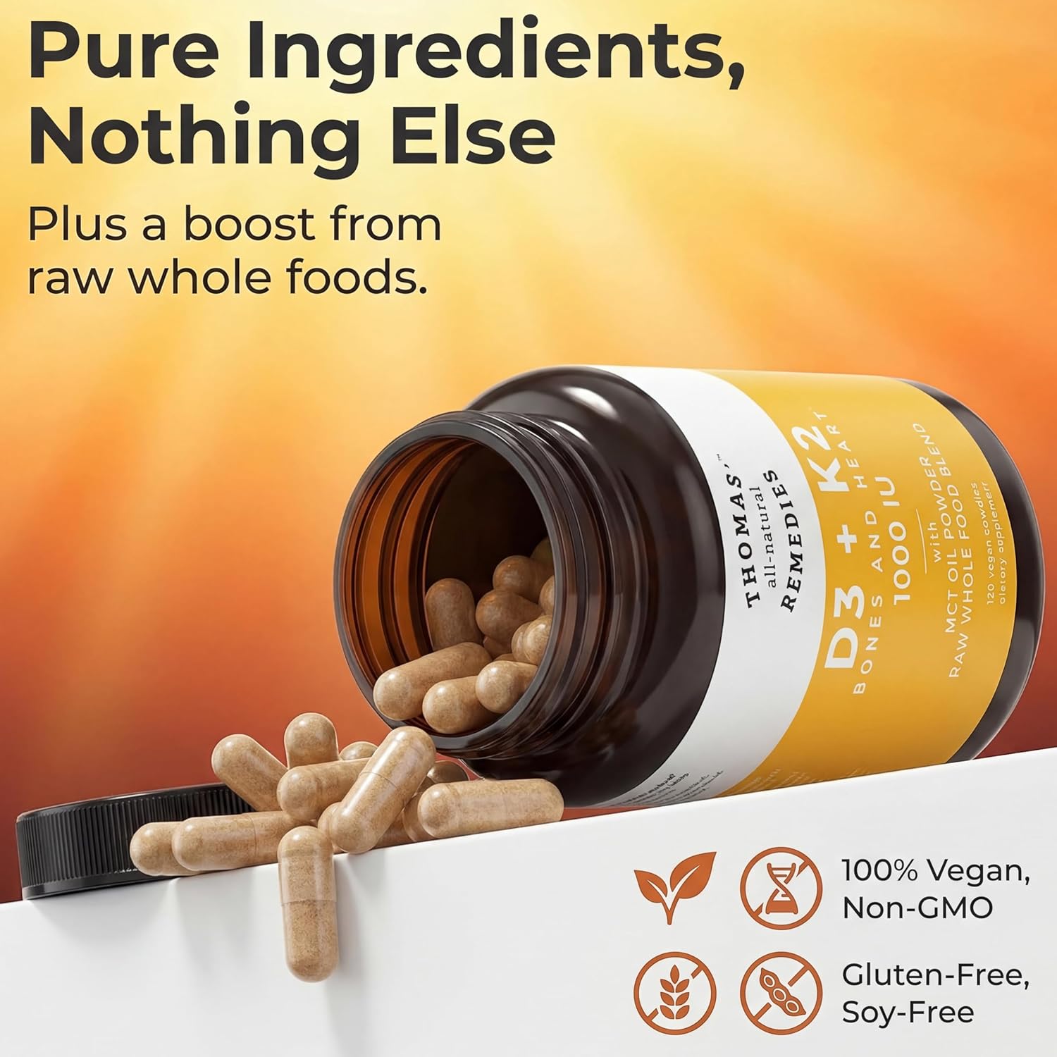 Thomas' all-natural Remedies D3 + K2 with MCT Oil for Better Absorption & Raw Whole Food Blend, 1000 IU D3, Vegan, Made in USA, Support for Your Heart, Bones & Teeth, Non-GMO (120ct)