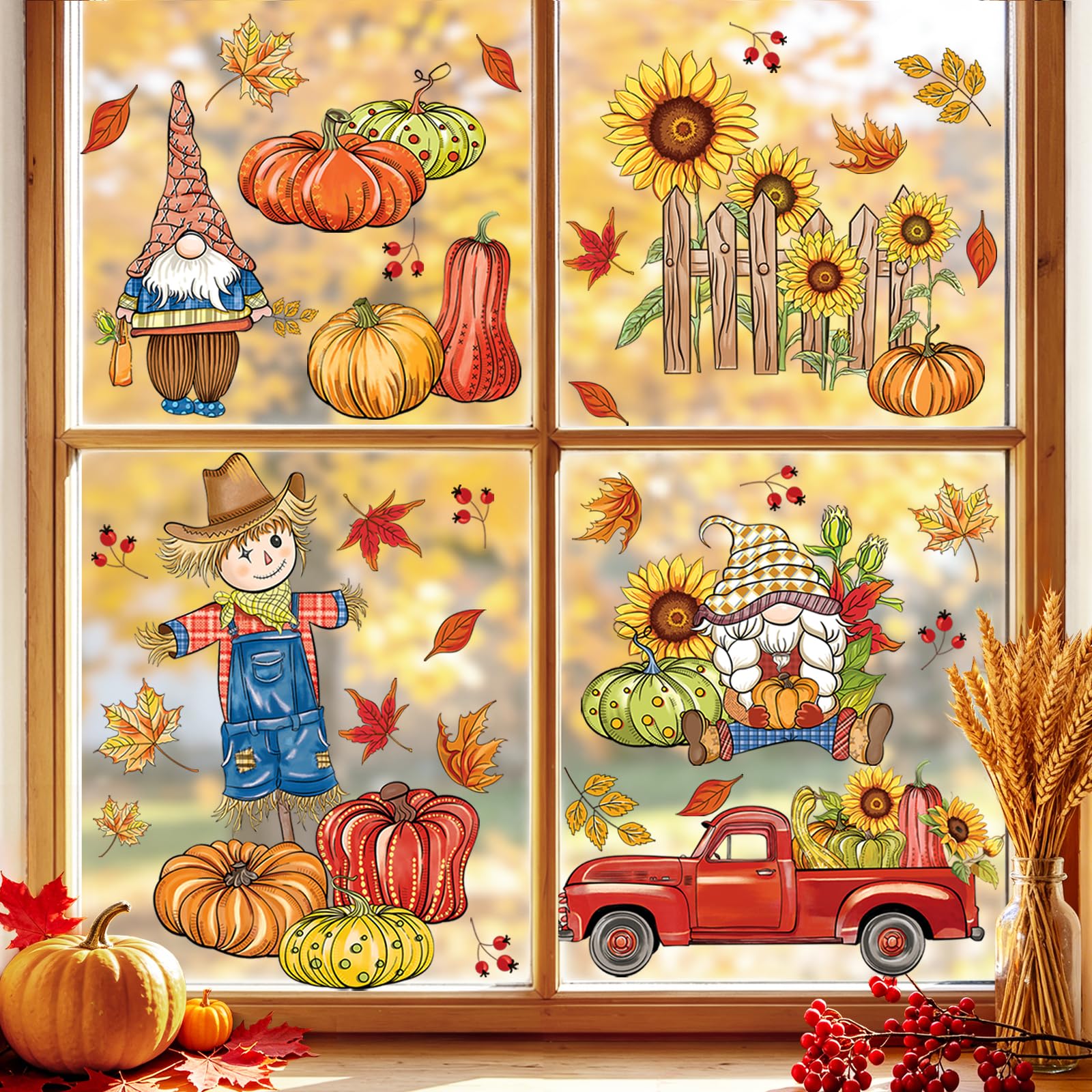 Autumn　オータム　ステッカー Amazon.com: Fall Window Clings Pumpkin Gnome Scarecrow Autumn