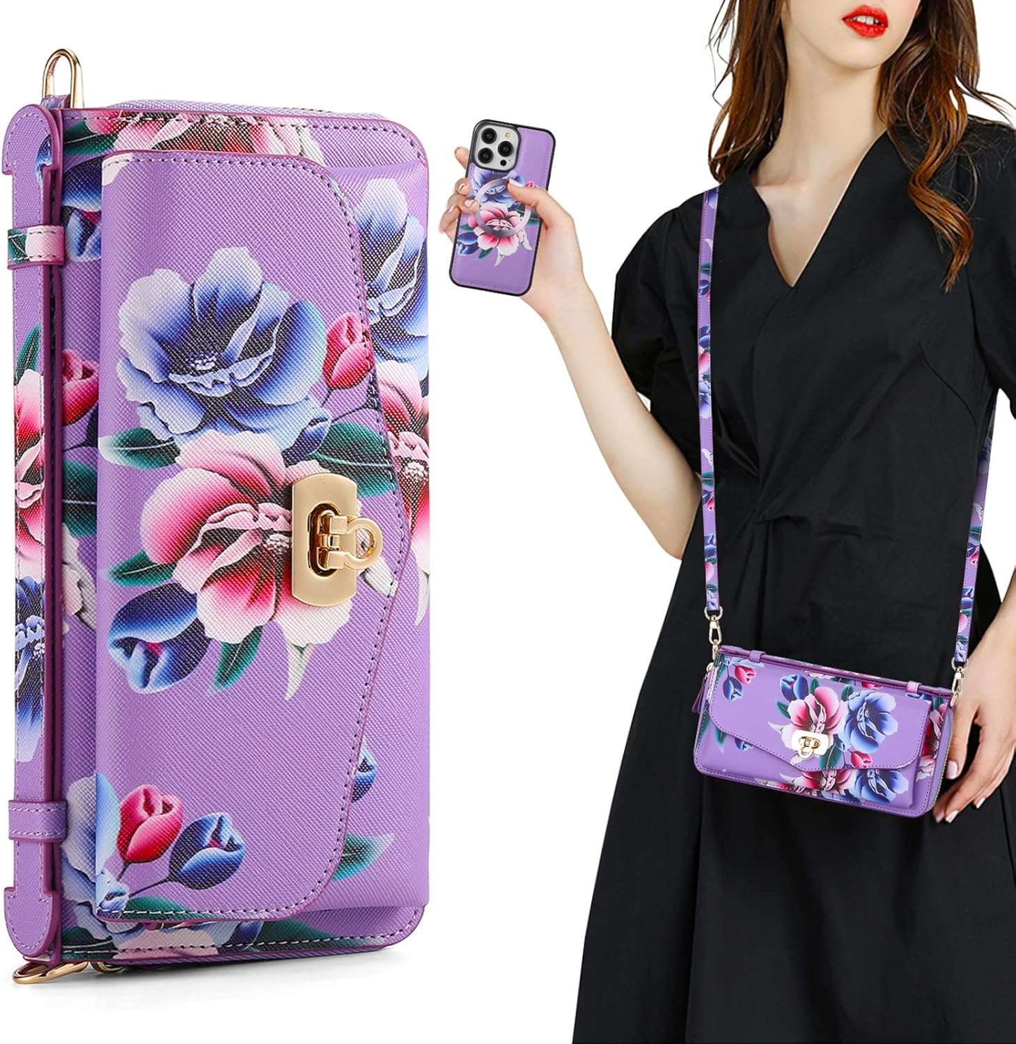 Crossbody Wallet Case for iPhone 14 Pro Max/14 Pro/14 Plus/14, Compatible with MagSafe RFID Blocking Durable Leather Magnetic Detachable 2 in 1 Flip Folio Zipper Card Holder