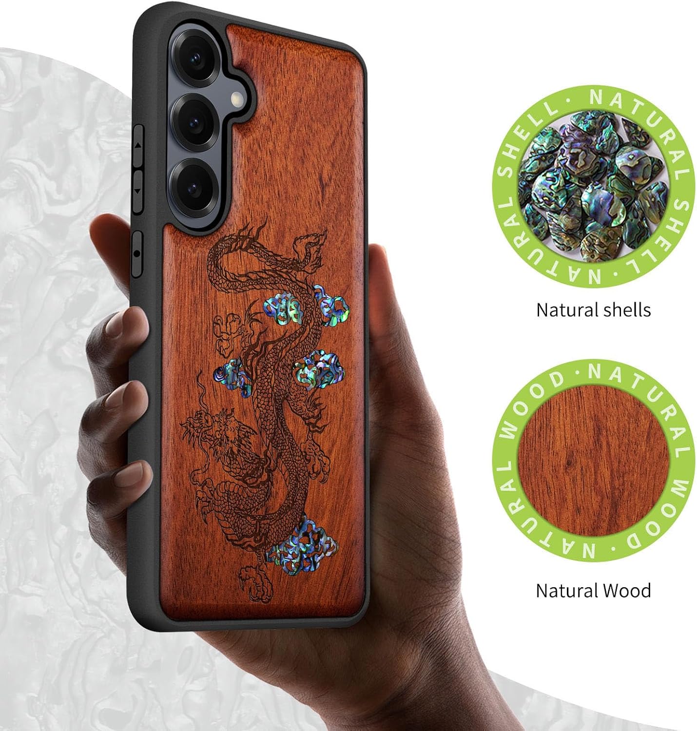 Carveit Magnetic Wooden Case for Samsung Galaxy S25 Case, Wood Artisan Engraved & Handmade Shell Inlaid, Compatible with MagSafe Wireless Chargers (Majestic Chinese Dragon) Rosy