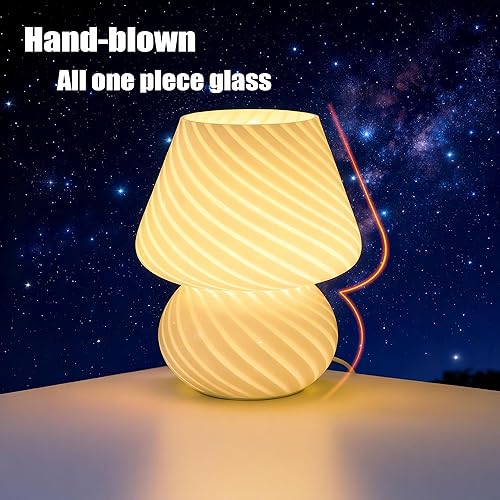 Miniatura 2 de jonong Lámpara de noche Lámpara de mesa de seta a rayas de vidrio 110V Regalo creativo Luz de noche (blanco)