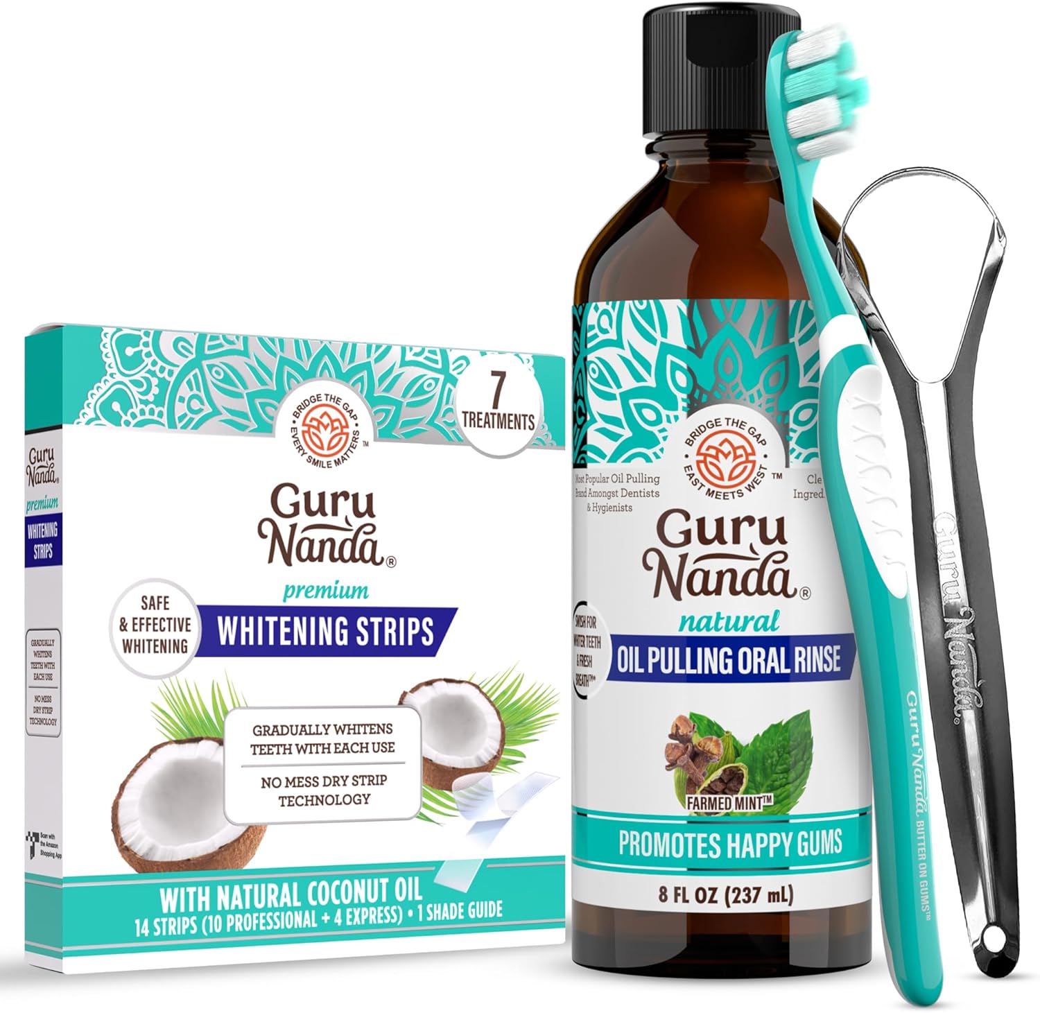 GuruNanda Coconut & Mint Oil Pulling with Tongue Scraper & Teeth Whitening Strips - 7 Treatments with 14 Strips - Enamel-Safe Strips for Sensitive Teeth