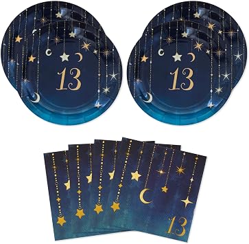 Havercamp 13 Year Old Happy Birthday Decorations - Girls Party for 16 guests - 16 ea. Gold Starry Night Plates and Napkins Decor - Moon and Star Theme - Perfect for Teenager Celebrations
