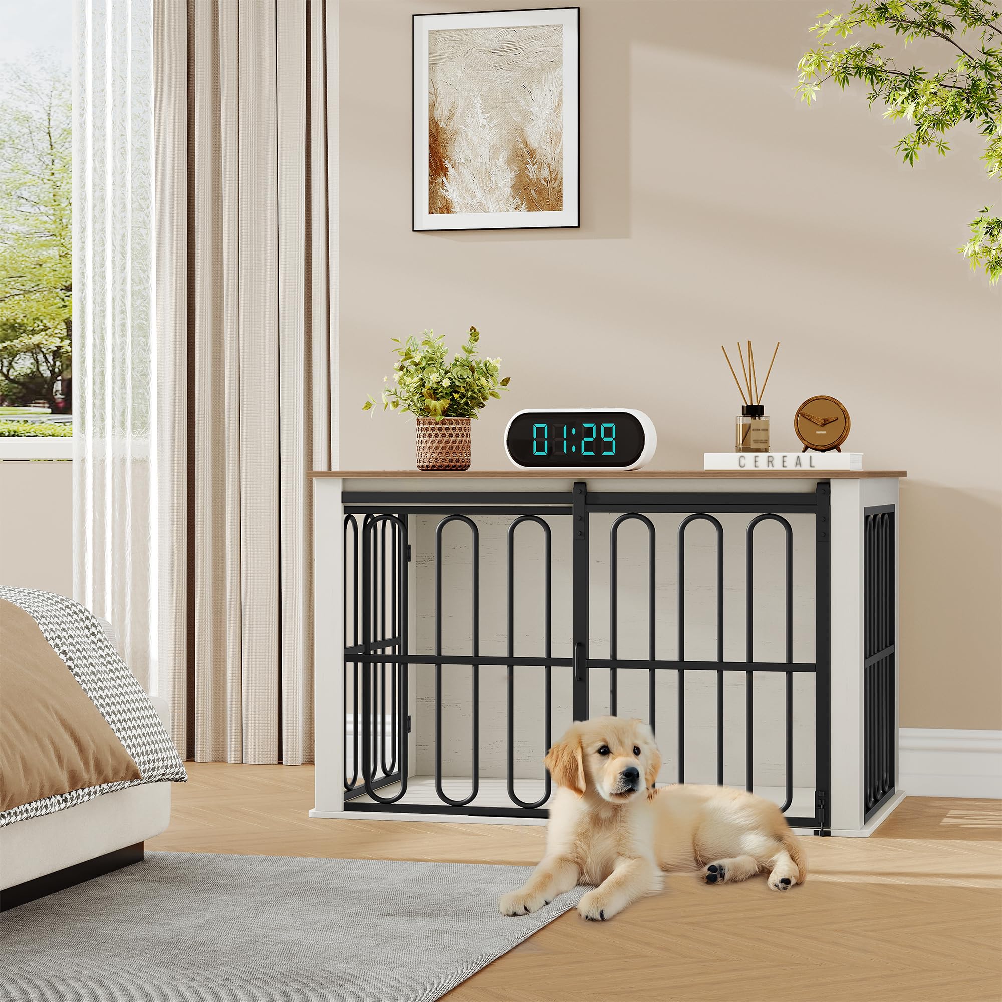 HEXCELEN Jaula para Perros Mueble de Madera, 100 × 60 × 62,4 cm, 2 Puertas, para Interiores, Jaula Resistente para Perro, Mesa Auxiliar, Blanco Marrón, para Perros Pequeños y Medianos, Moderna