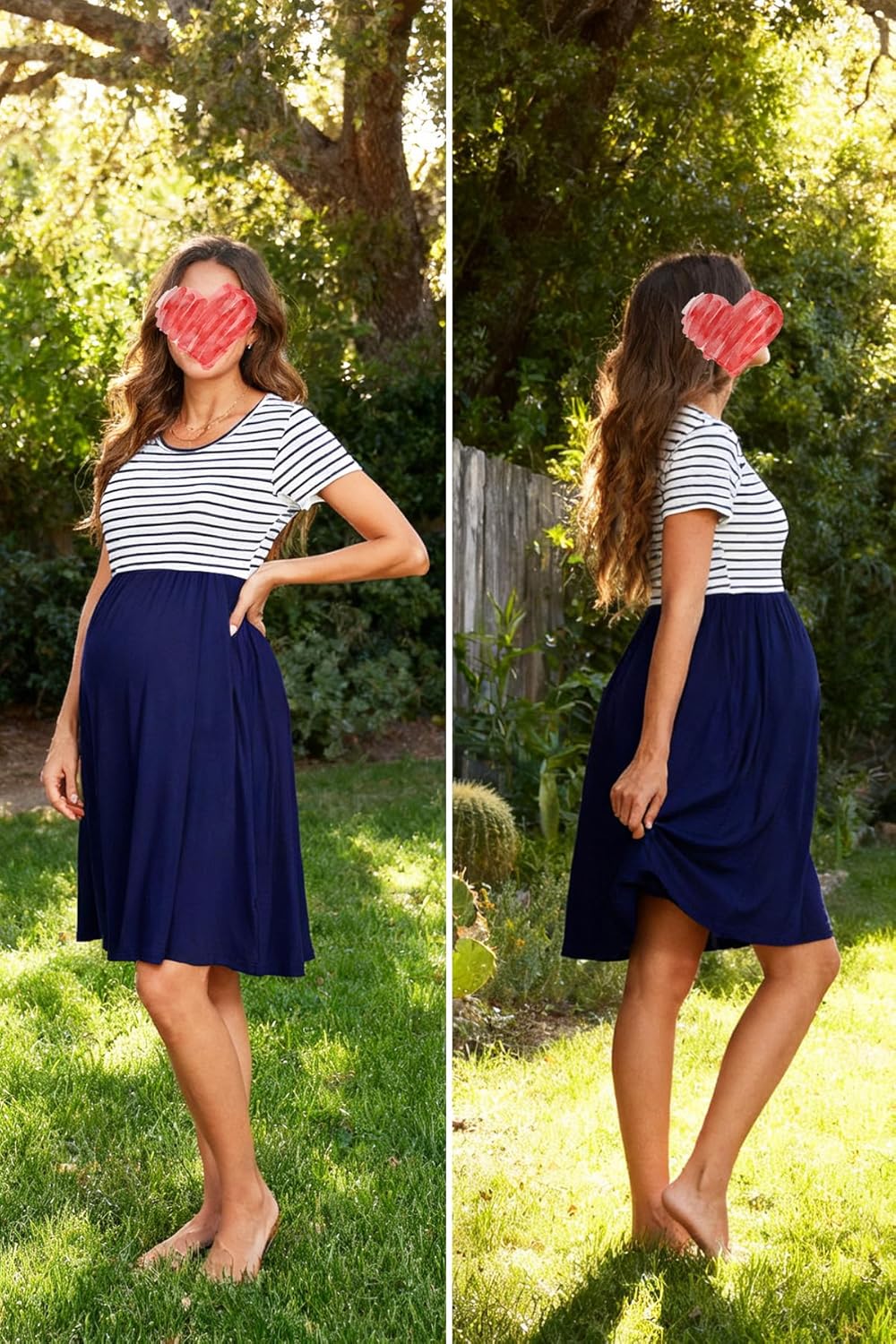 Women's Short Sleeve Maternity Dress Patchwork Pregnancy Clothes with Pockets - Image 2