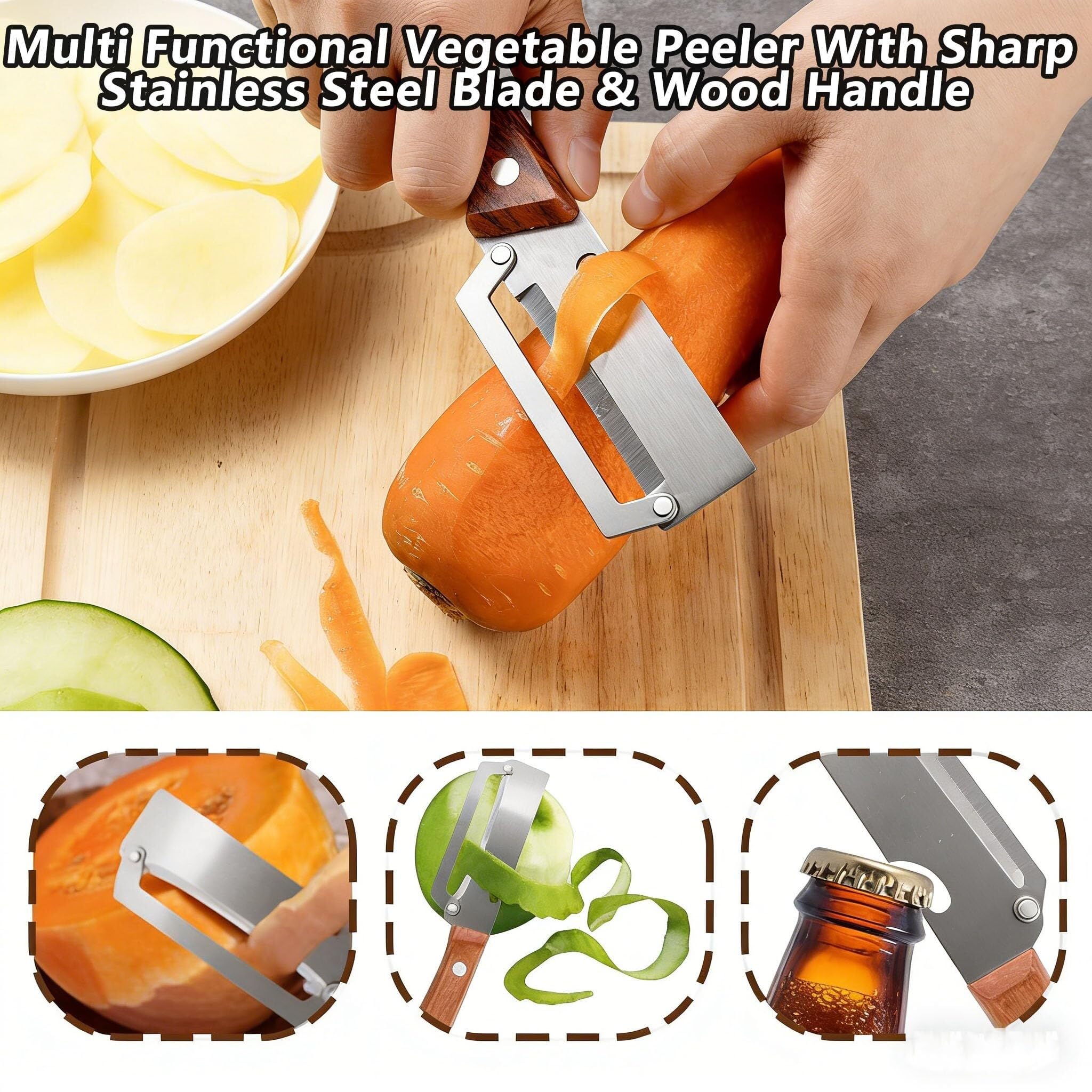 Schäler for die Küche, multifunktionaler Gemüseschäler mit scharfer Edelstahlklinge und Holzgriff, Julienne-Schäler for Kartoffeln, Kürbis, Karotten, Obst und Gemüse(5pc)