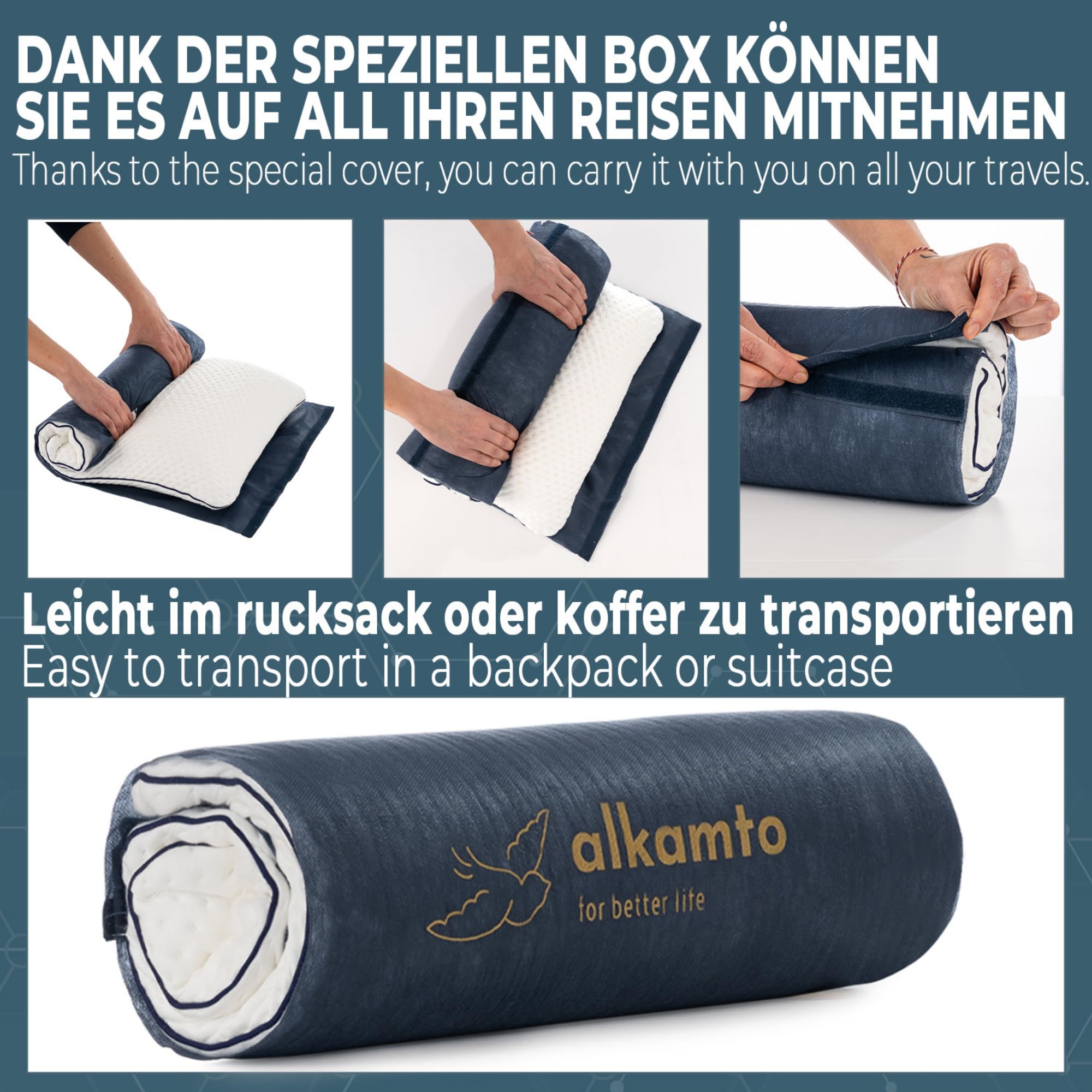 alkamto Cuscino da viaggio + cuscino da viaggio per il collo, supporto ergonomico per il collo, cuscino da campeggio in memory foam con federa termoregolante - Borsa da viaggio impermeabile inclusa
