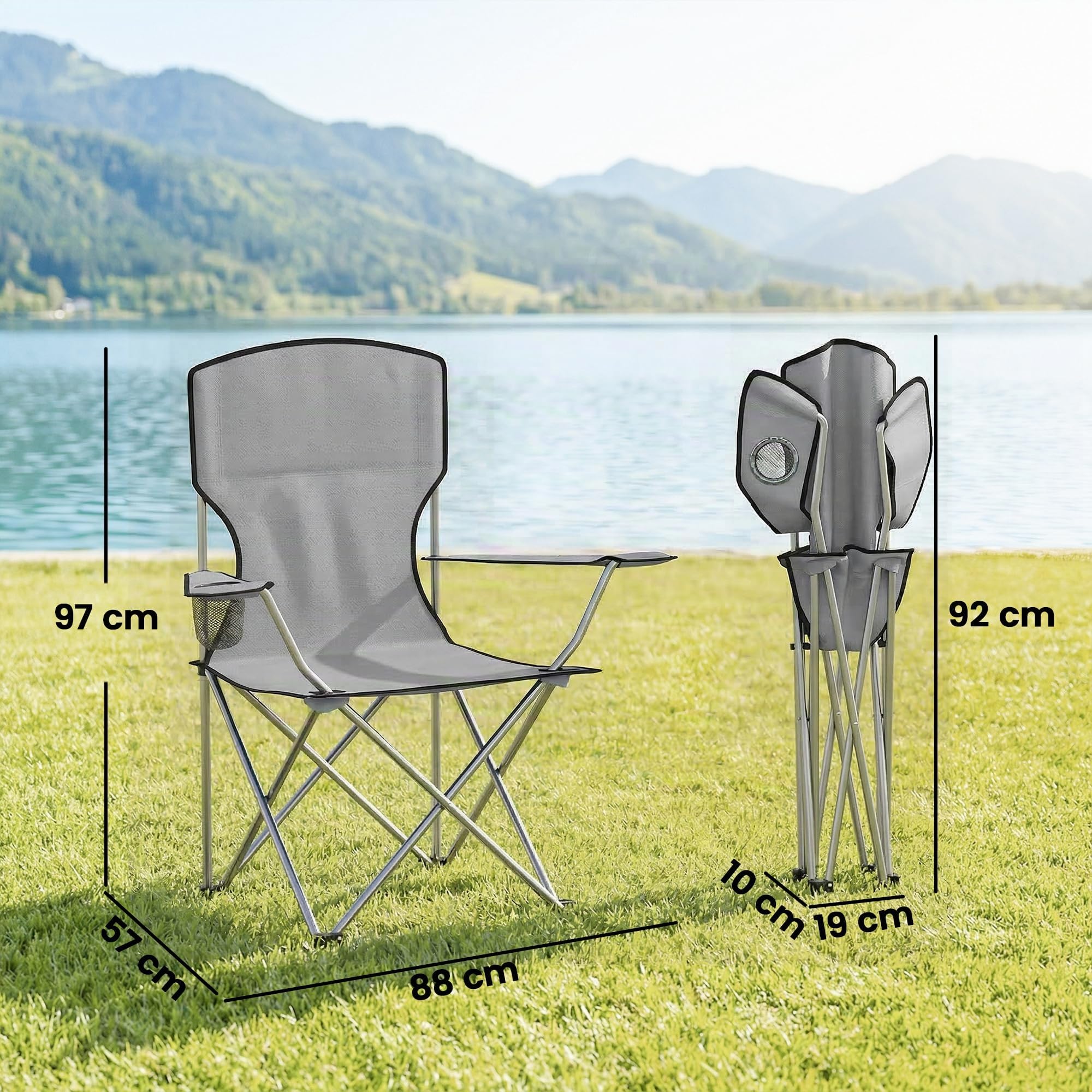 Outsunny Set di 2 Sedie da Campeggio Schienale Alto Spiaggia Grigio | Borse di Trasporto, Sedie Pieghevoli Portatili, Portabicchieri, Metallo e Tessuto Oxford, per Esterni Picnic Giardino