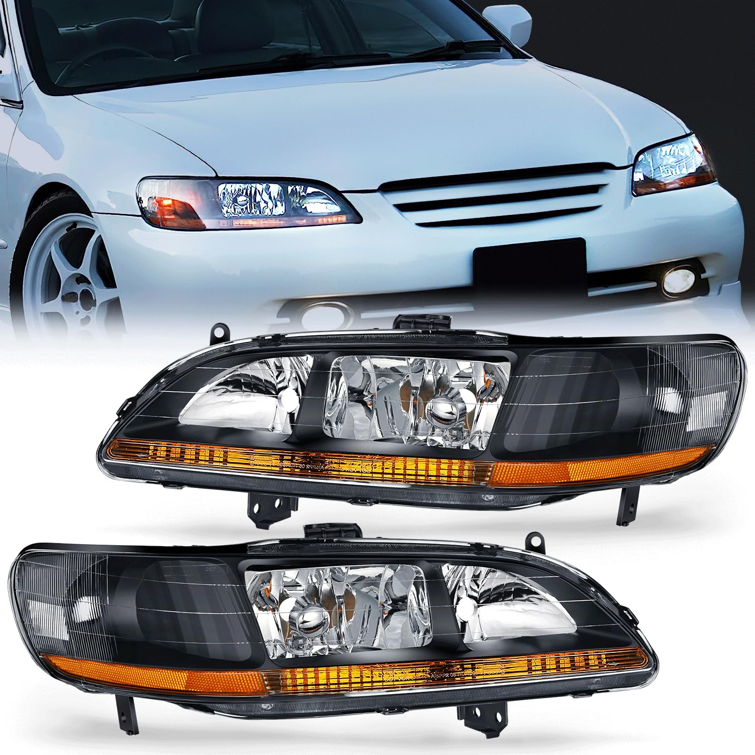 NilightHeadlight Assembly Compatible with 1998 1999 2000 2001 2002 Honda Accord Headlamps Replacement Black Housing Amber Reflector Upgraded Clear Lens Driver and Passenger Side