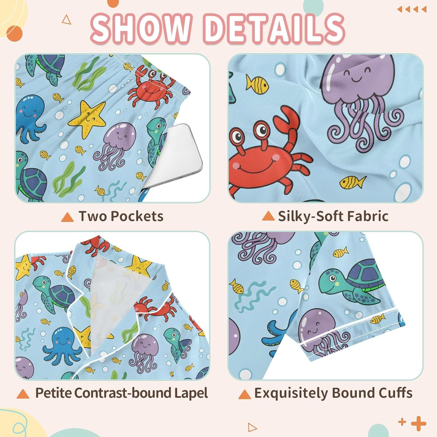 Kids Satin Wear Set Crab Turtle Jellyfish Relaxing Clothing Short Sleeve and Shorts