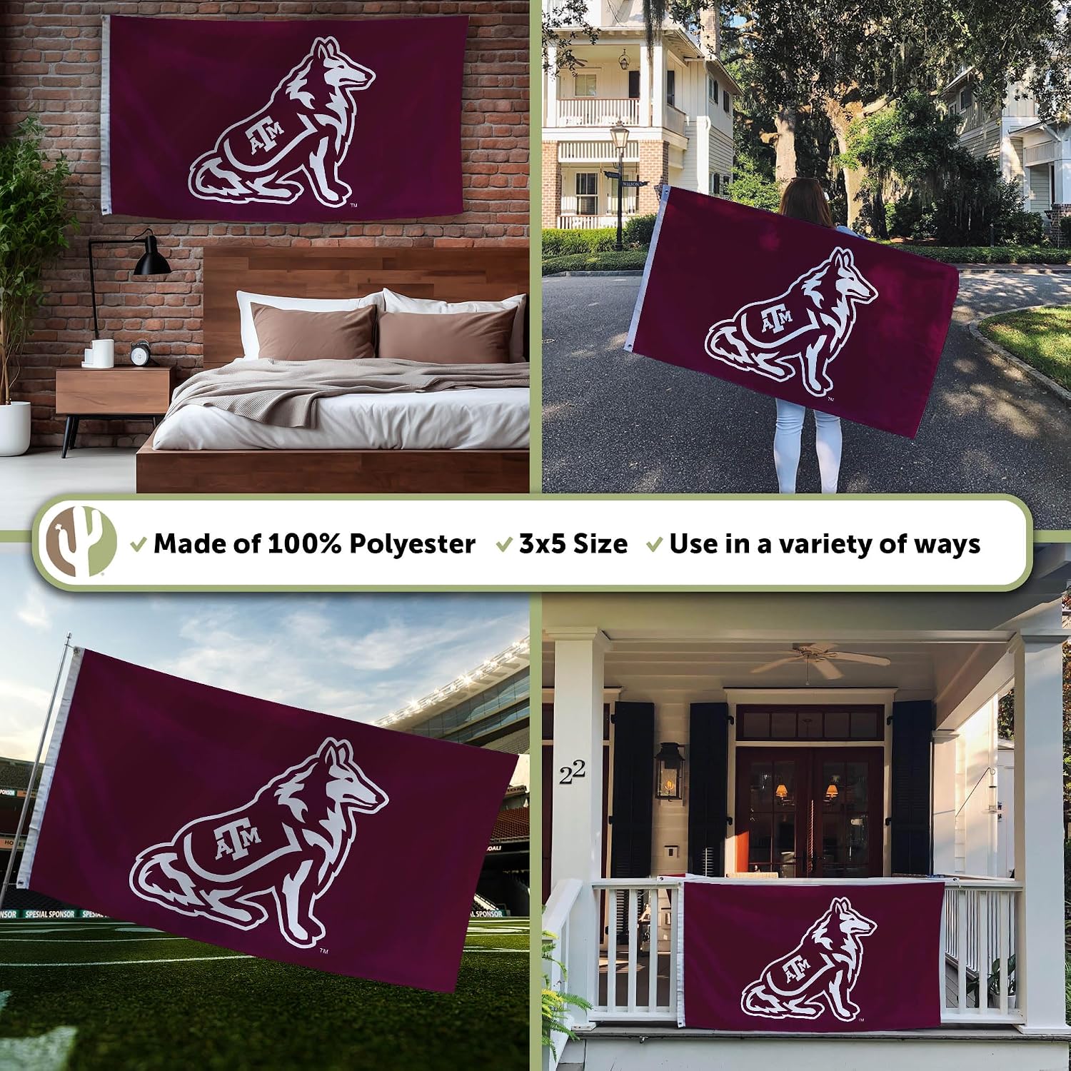 Desert Cactus Texas A&M University TAMU Flag - 3 x 5 Feet Aggies Banner, Indoor/Outdoor Durable Fabric, 100% Polyester Design (Style U)