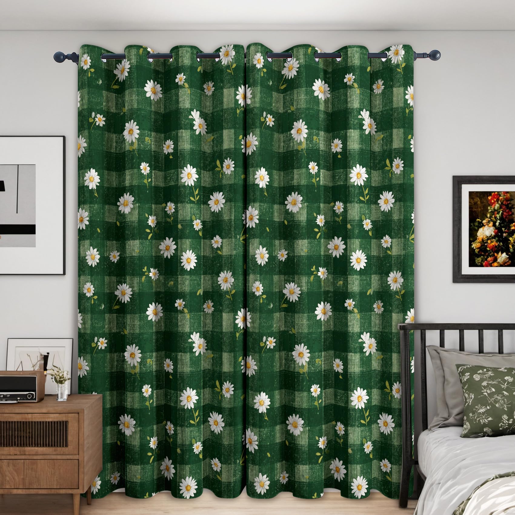 Gänseblümchen Vorhänge Mit ösen Blickdicht, Salbeigrün Blumen Karo Vorhang Schlafzimmer Wohnzimmer Küche 110 x 215 cm Lang, Übergardinen Innen Verdunklungsvorhänge