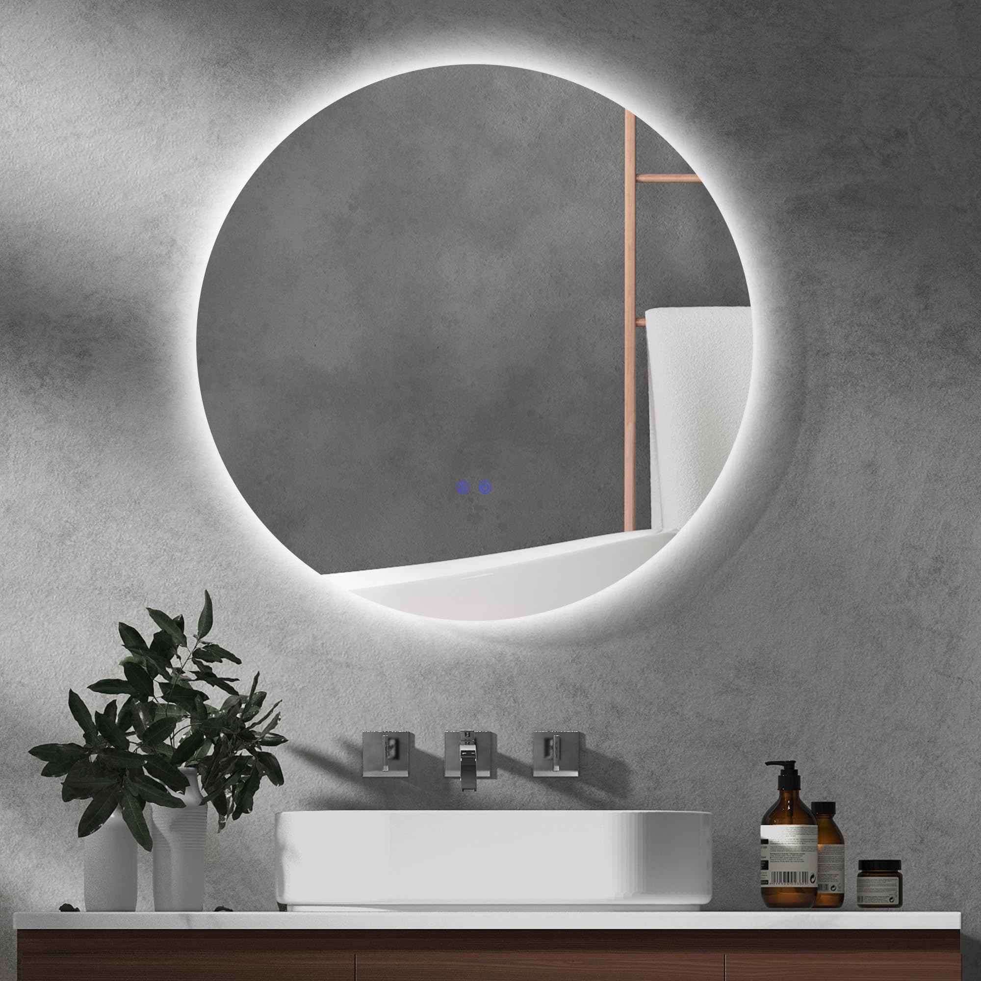 kleankin Specchio Bagno con Luce LED Rotondo 70cm, 3 Colori, 3000-6500K, Specchio da Parete Retroilluminato con Interruttori Touch, Luminosità Regolabile, Funzione Memoria e Antiappannamento, IP44