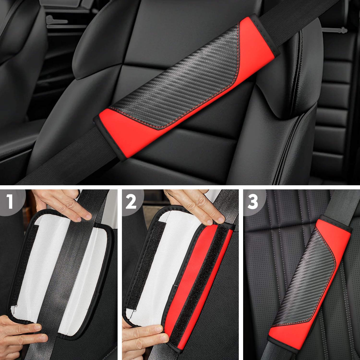 Hiseanllo 6PCS Red Car Accessories Set, Carbon Fiber Microfiber Leather Steering Wheel Cover 14.5-15", Center Console Armrest Cover, Seat Belt Pads & Cup Holder Coasters, Universal Interior Decor
