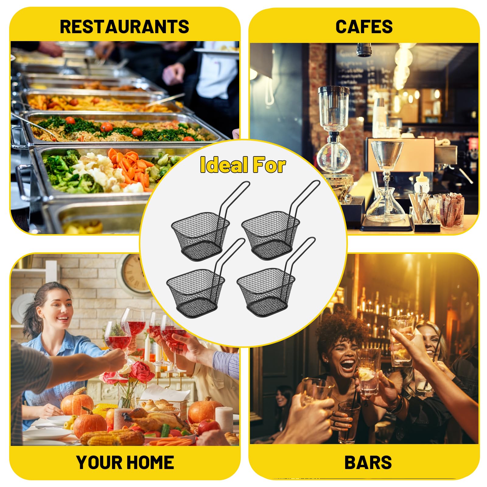 Lot de 4 paniers à frire en acier inoxydable pour frites Noir Lot de 4 paniers à frire en acier inoxydable pour frites Noir