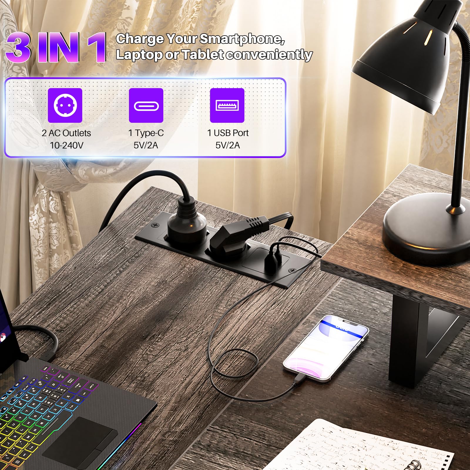 iSunirm Biurko gamingowe w kształcie litery L, 120 x 70 x 72 cm, biurko komputerowe z oświetleniem LED, dwustronny stół gamingowy z diodami LED i gniazdami do nauki, gier i pracy, szary dąb