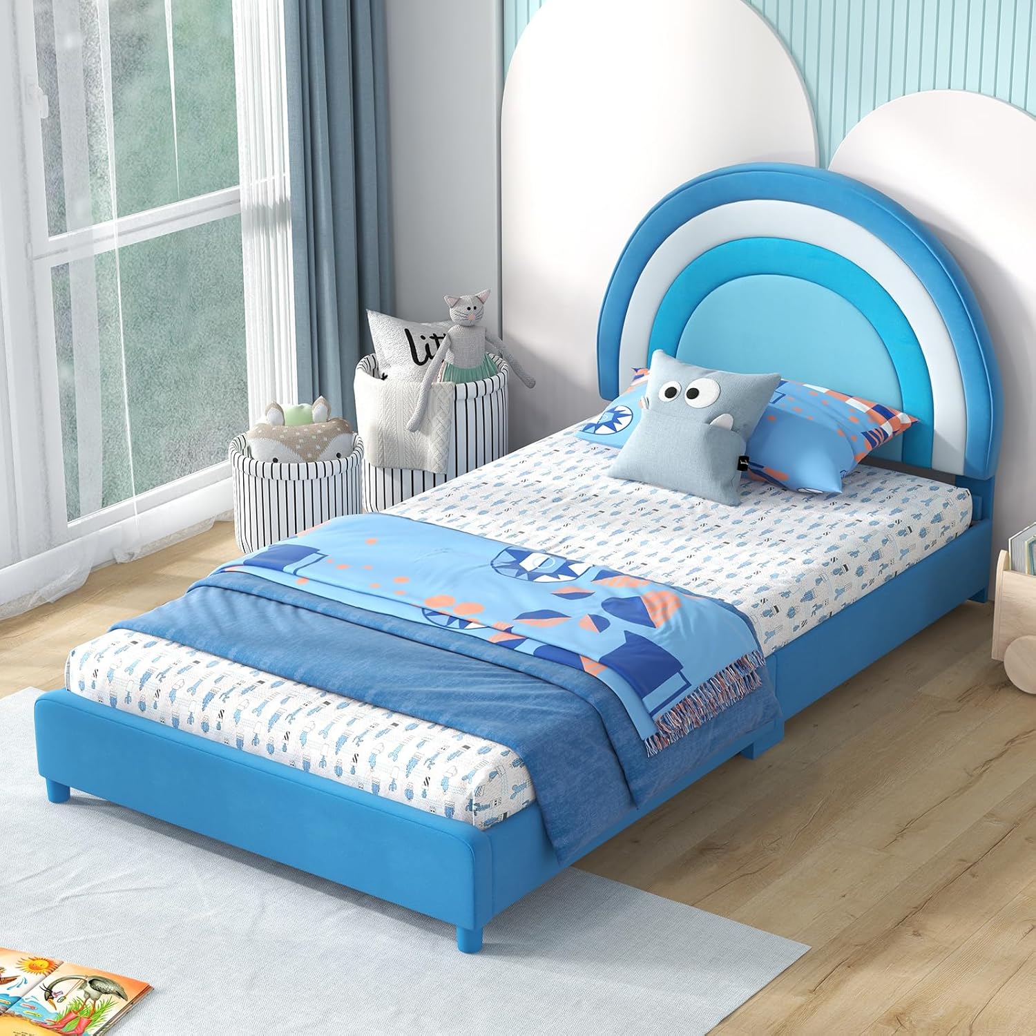 HONEY JOY Twin Bed Frames for Kids, Toddler Wooden Twin Bed Platform with Headboard & Slat Base, No Box Spring Needed, Children Bedroom Furniture for Boys Girls, Fits Standard Twin Mattress, Rainbow