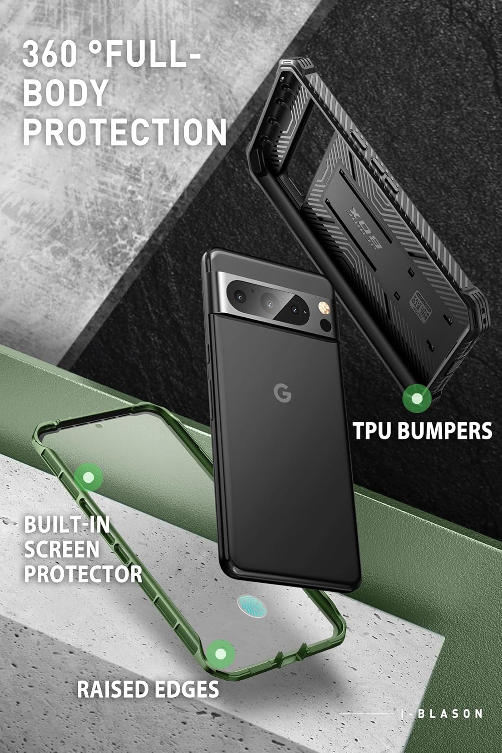 i-Blason for Google Pixel 8 Pro Case with Built-in Screen Protector [Support Fingerprint ID] Full-Body Rugged Anti-Slip Bumper Protective Phone Case for Pixel 8 Pro with Kickstand & Belt Clip (Green)