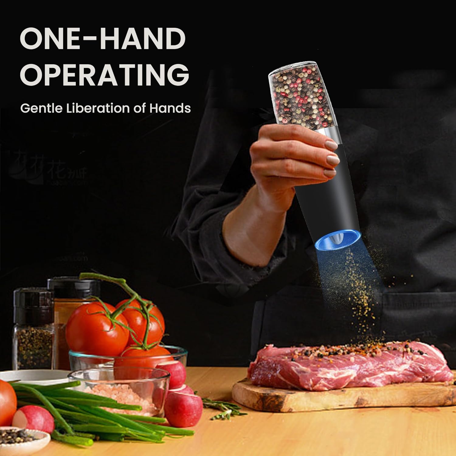 Battery Operated Salt And Pepper Grinder Set with LED Light, Automatic Electric Gravity Salt And Pepper Shakers Set, Each 6 AAA Batteries Needed, Adjustable Roughness, 2 Pack (Black) Battery/2pcs/Black