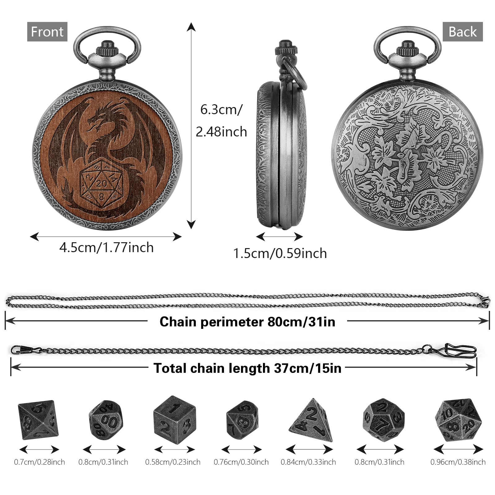 Set di Dadi Mini DND con Custodia per Orologio da Tasca Inciso, 7 pezzi di Dadi Poliedrici D&D in Metallo, Regalo di DND con Scatola Regalo, Accessori per Giochi da Tavolo di Ruolo, Argento Scuro