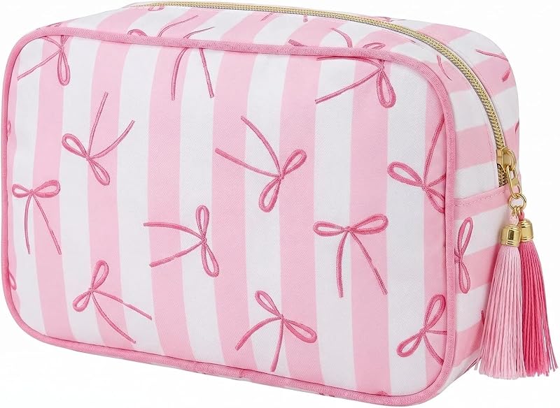 Necessaire de maquiagem listrada Jrotiro com estrutura, forro acolchoado e zíper com tassel, Pink bow, 1 unidade