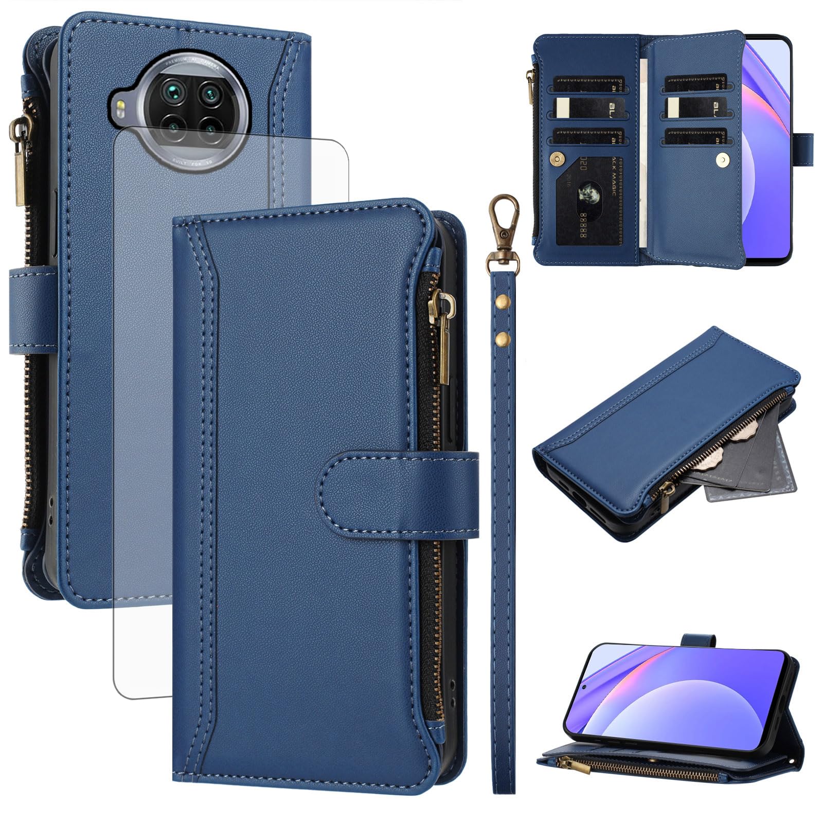 Asuwish Handyhülle für Xiaomi Mi 10T Lite 5G Hülle mit Band Folie Schutzfolie Kartenfach Klappbar Leder Geldbörse Ständer Mi10TLite 10i M2007J17G Handy Hüllen Schutzhülle Wallet Phone Case Dunkelblau