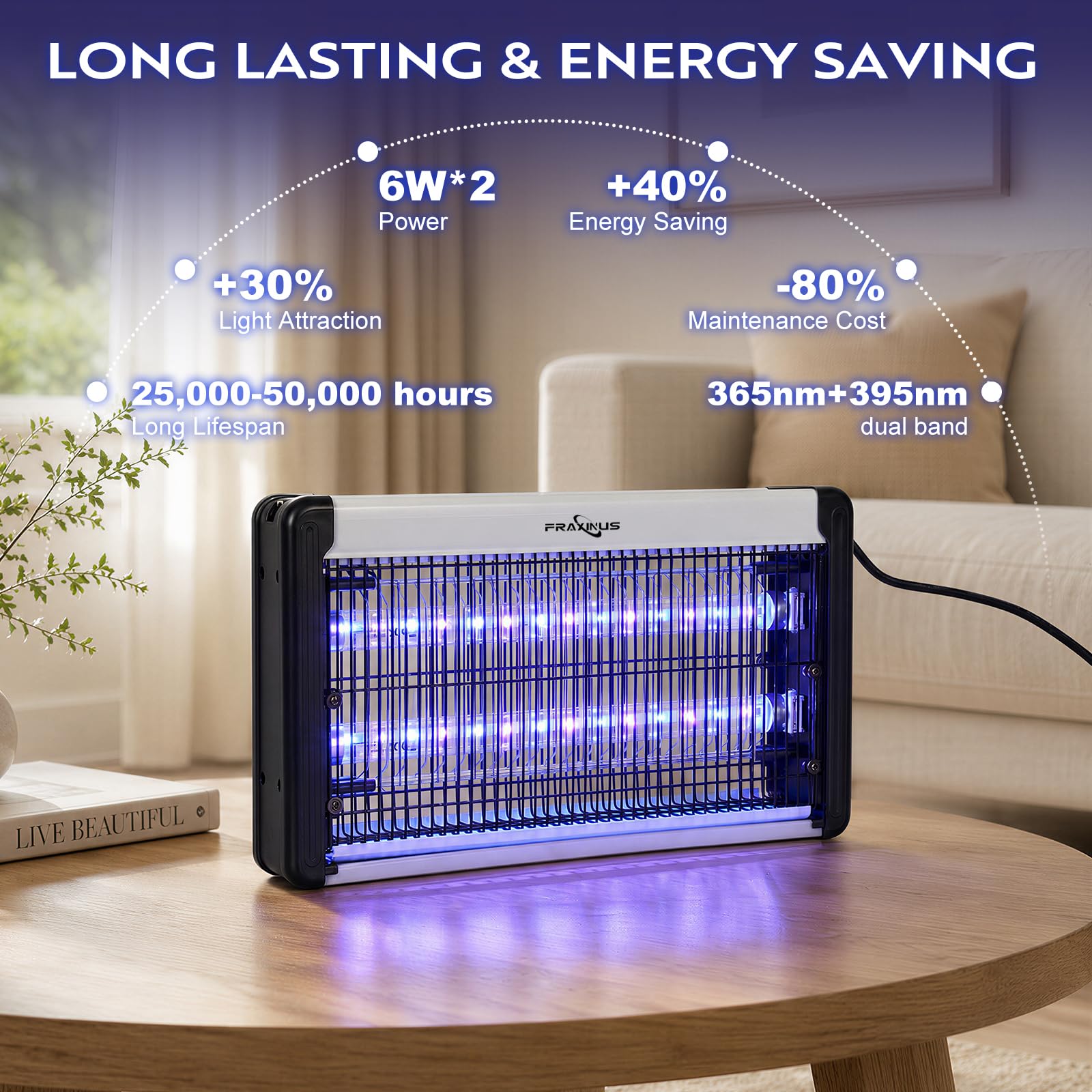 FRAXINUS Elektryczna łapka na owady LED, wewnętrzna łapka na muchy, elektroniczna komary ćma komar mucha owocowa komara lampa do zabijania owadów pułapka na muchy. (1,5 m Kabel)