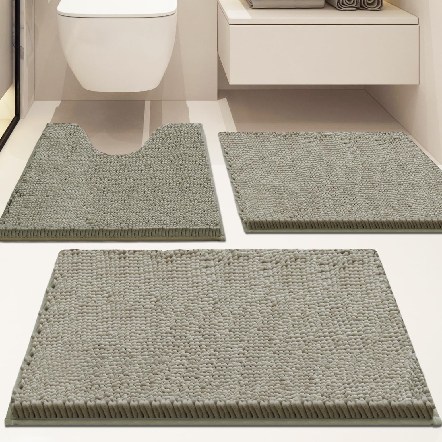 Lot de 3 tapis de salle de bain en chenille, très épais et absorbants, antidérapants, lavables en machine, séchage rapide, doux et confortable, utilisés sous la douche, baignoire et évier,