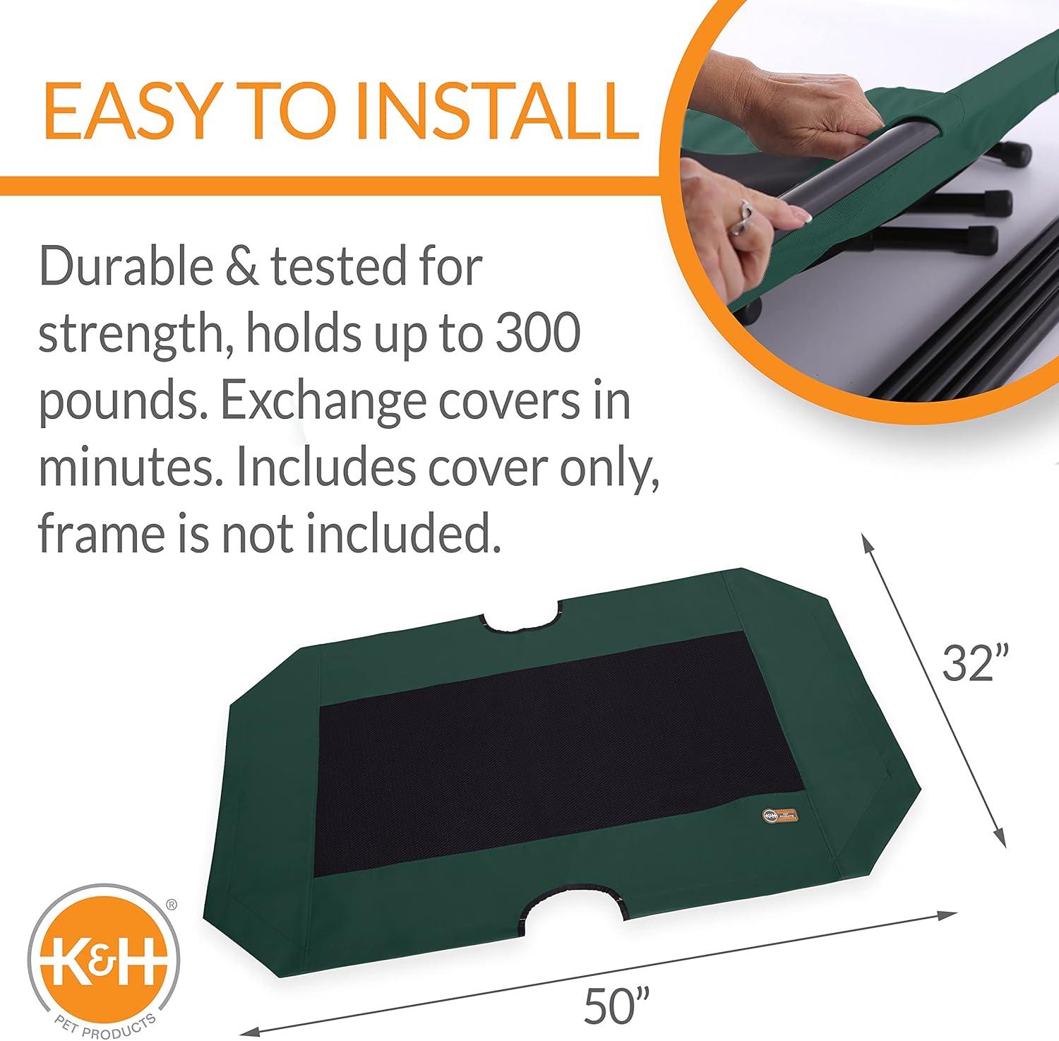 K&H Pet Products Original Pet Cot Replacement Cover (Cot Sold Separately) Green/Black X-Large 50 X 32 Inches
