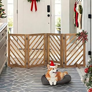 dCee Solid Acacia Wood Dog Gate, Freestanding Walk-Through Pet Gate, 81" 4-Panel Foldable Wooden Dog Gates with Door & 2 Support Legs for Doorways, Kitchen, Hall, Stairs, Indoor & Outdoor