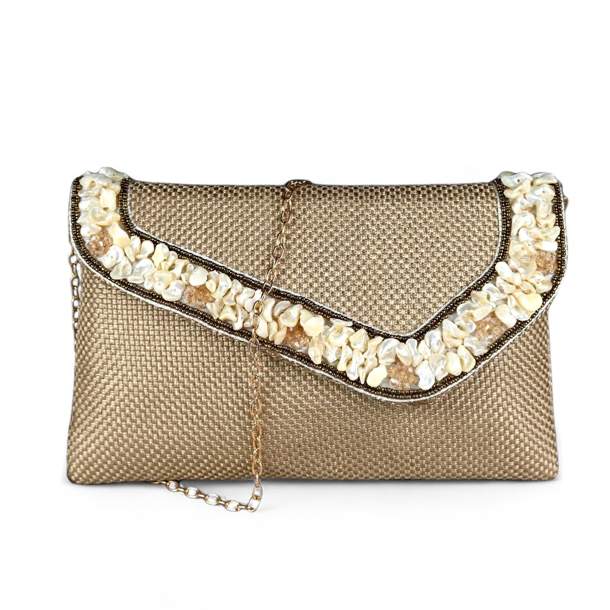 alsu Women’s Premium Jute Embellished Clutch | Elegant Sea Stone Work Envelope Purse with Detachable Chain Strap | Wedding, Party & Festive Sling Handbag (Antique)-picture-10