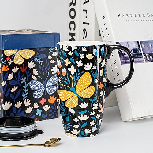 Miniatura 5 de DUSVALLY Taza de café de cerámica de 17 onzas, bonita taza de porcelana con asa y caja, azul