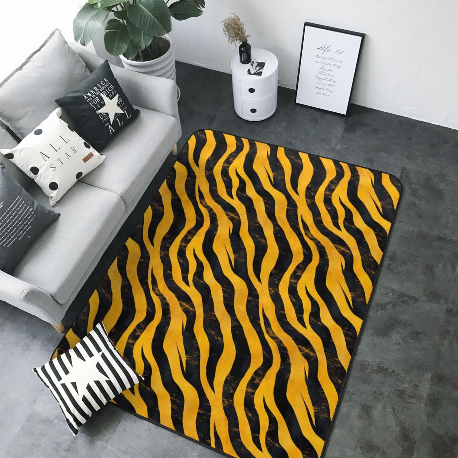 Grand tapis de salon motif zébré jaune et noir antidérapant 203 x 147 cm