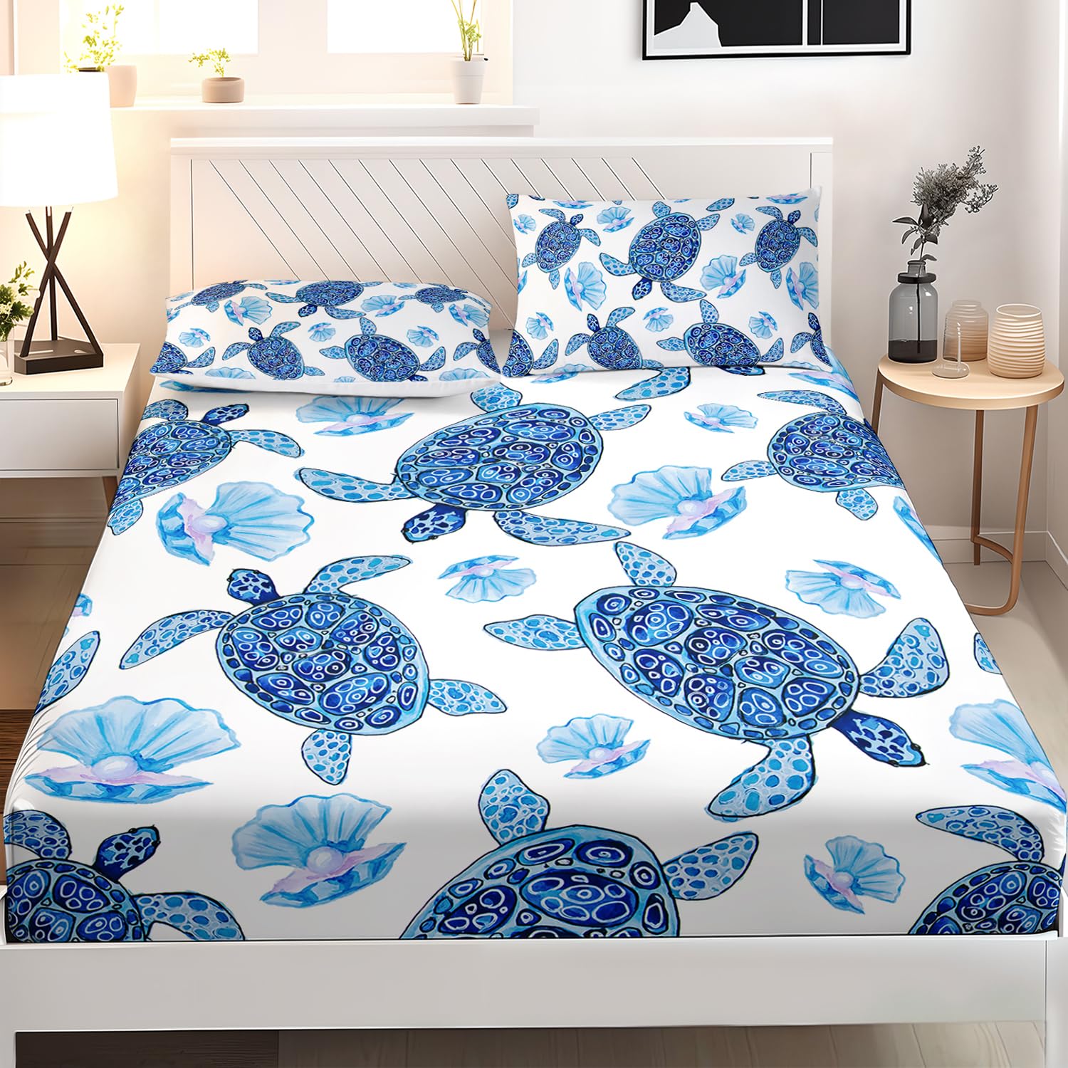 AILONEN Sea Turtle Fitted Sheet Set Twin XL Size, Blue Watercolour Turtle Soft Bedding Set for Kids Boys Room,Seashell Pearl Resistant Microfiber Sheets,1 Fitted Sheet 2 Pillowcases,3 PCS