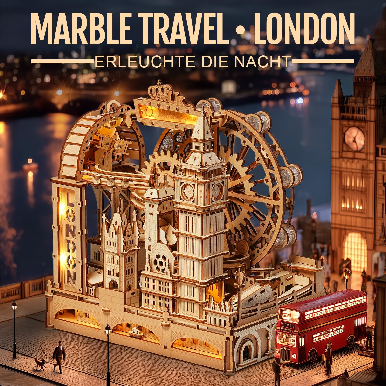 ROKR Marble Travel London EGB01 3D Puzzle Holz Murmelbahn Kugelbahn Modell für Erwachsene mit LED London Eye Big Ben Tower Bridge Bastelset Schreibtisch Dekoration Geschenk für Frauen Männer