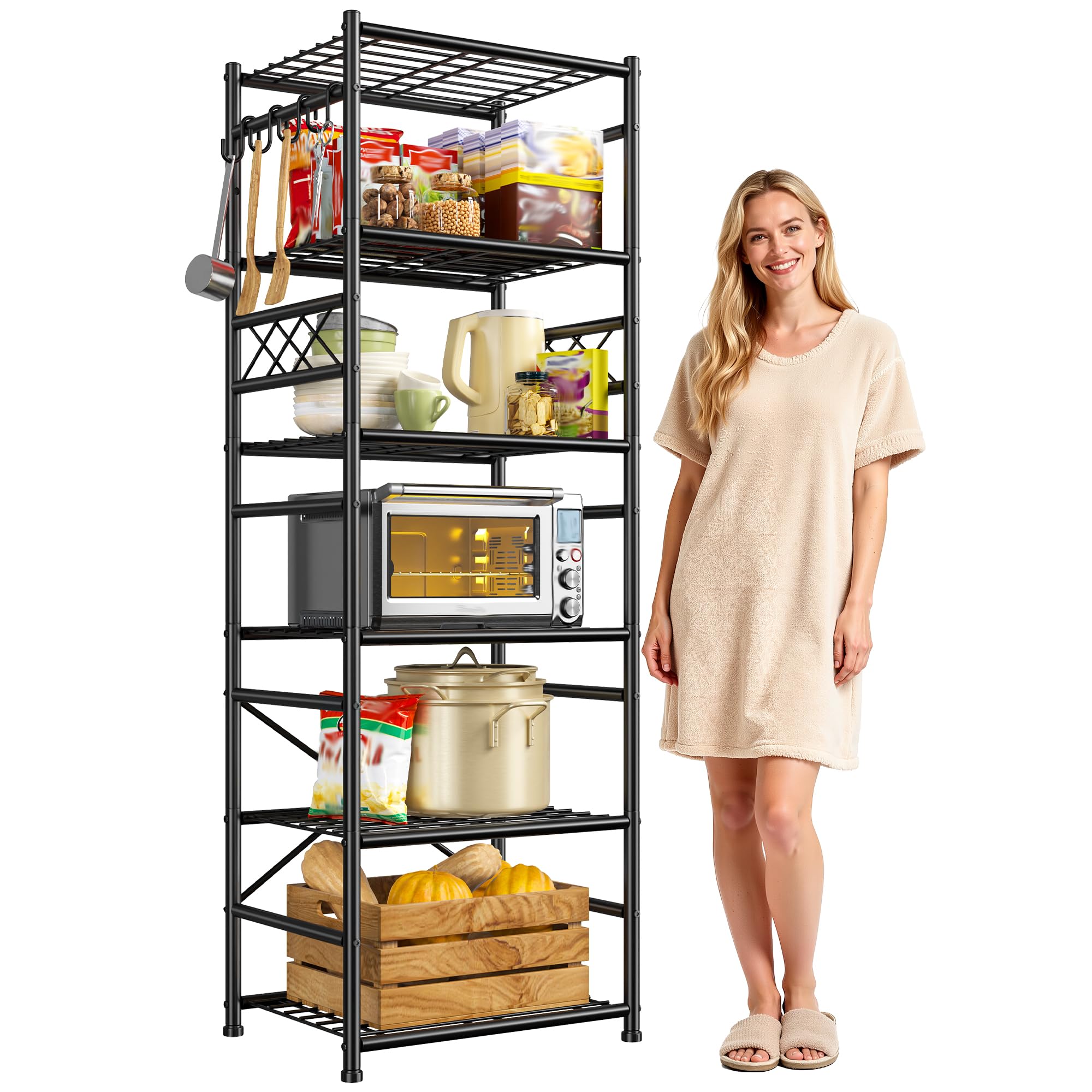DurayLoly 6-Tier 72.2"H Metal Shelving with Hooks &amp; Reinforced Steel, Black