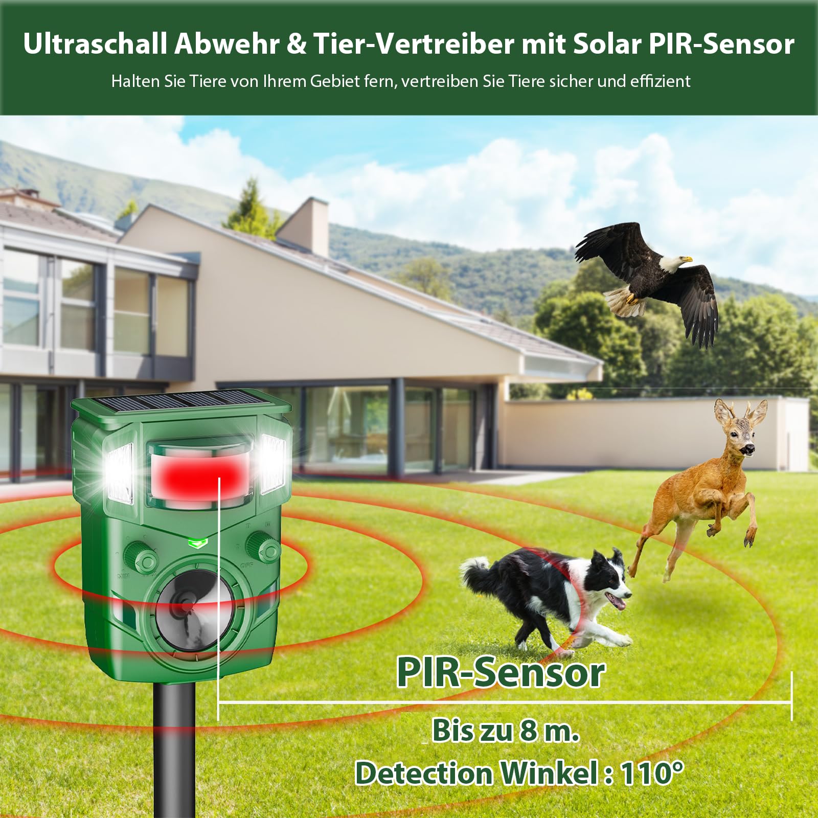 Ahuyentador de gatos ultrasónico solar – 2025 sensor de movimiento mejorado disuasivo para gatos, perros, martas, ciervos y ardillas, protección contra animales con sensor PIR y flash, IP65 resistente