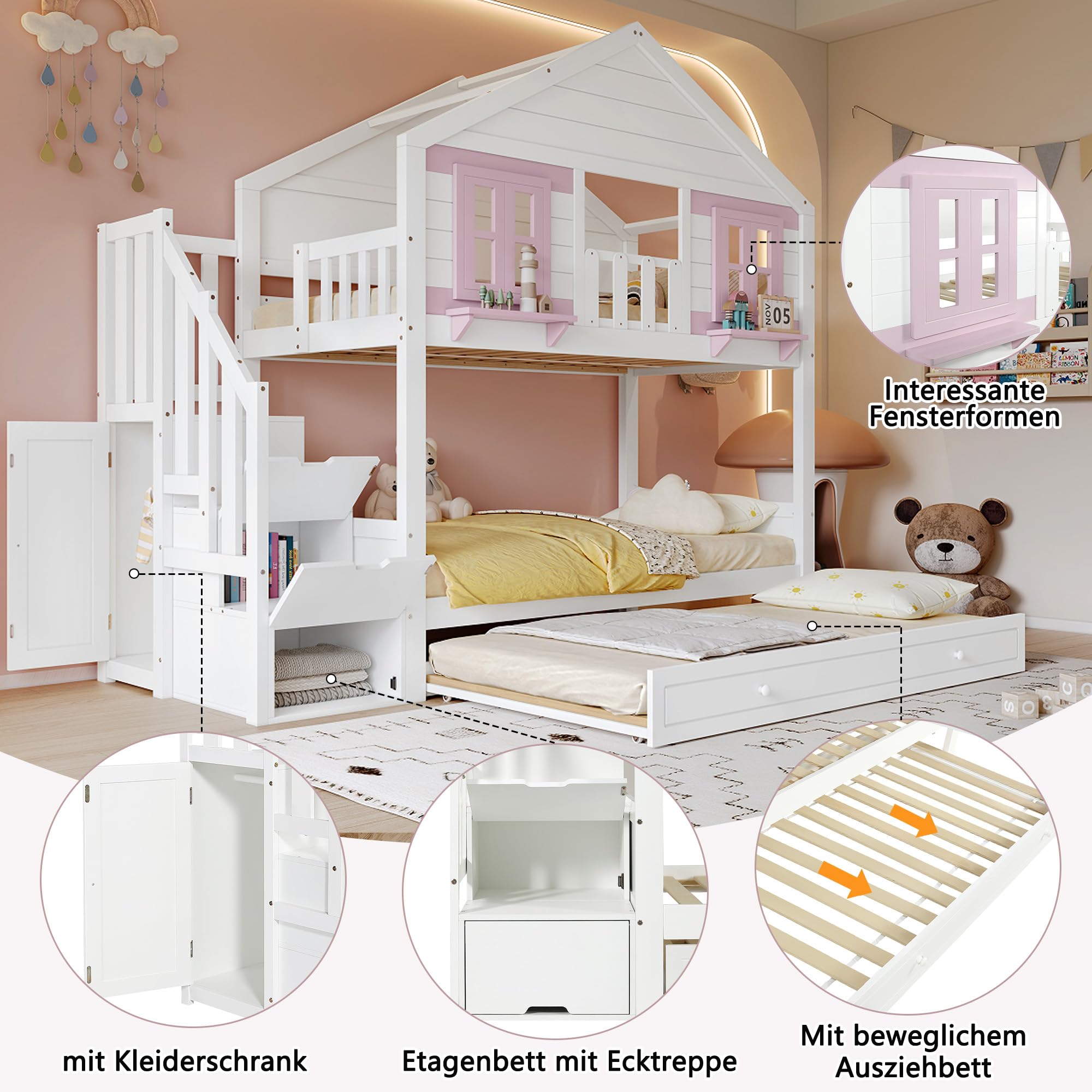 Letto a castello 90 x 200 cm, letto in legno con finestra e tetto, letto per ragazzi con letto pieghevole (senza materasso) bianco+rosa
