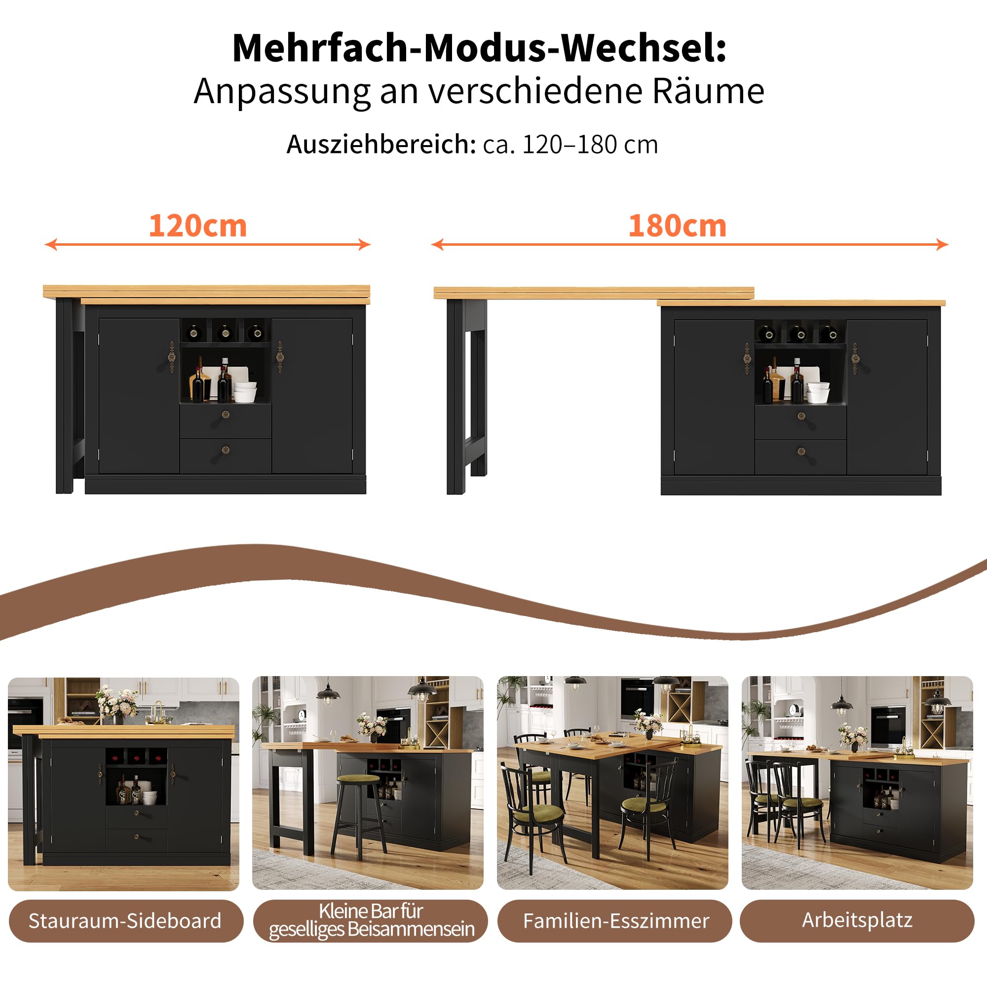 Mesa de bar extensible con espacio de almacenamiento,Mesa alta giratoria de 360° con mesa de comedor plegable, 2 puertas, 2 cajones, estantería de vino, estanterías de almacenamiento, para sala de