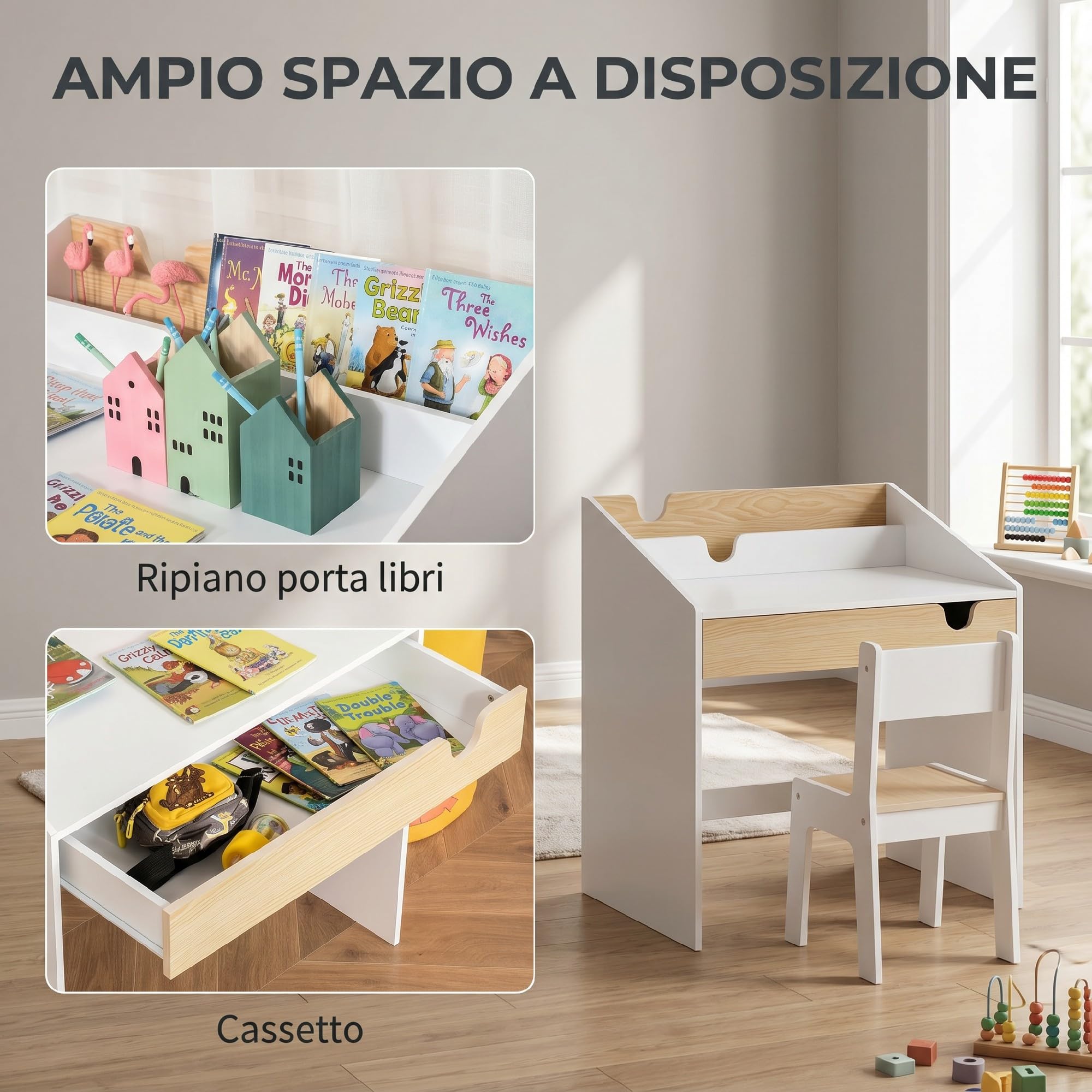 HOMCOM Set Scrivania e Sedia per Bambini, Tavolo con Cassetto e Scaffale, Mobili per Cameretta con Angoli Arrotondati, per Età 6-10 Anni, Bianco e Legno