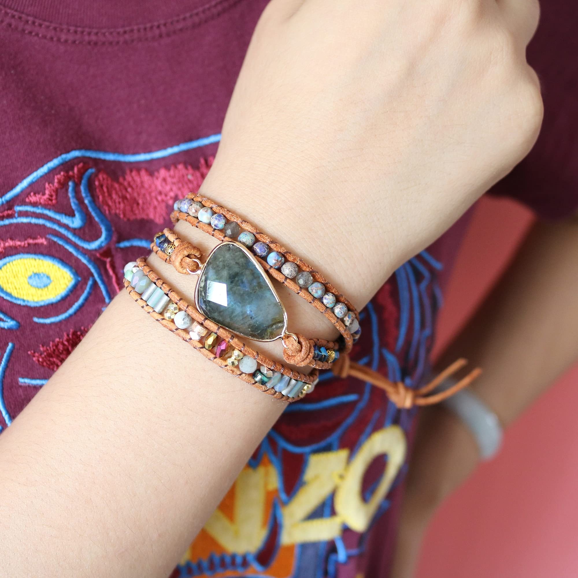 Brillo triángulo Luna Piedras de Cuero Envoltura Pulseras Hecha a Mano 3 Capas Trenzadas Cuentas Mujeres brazaletes