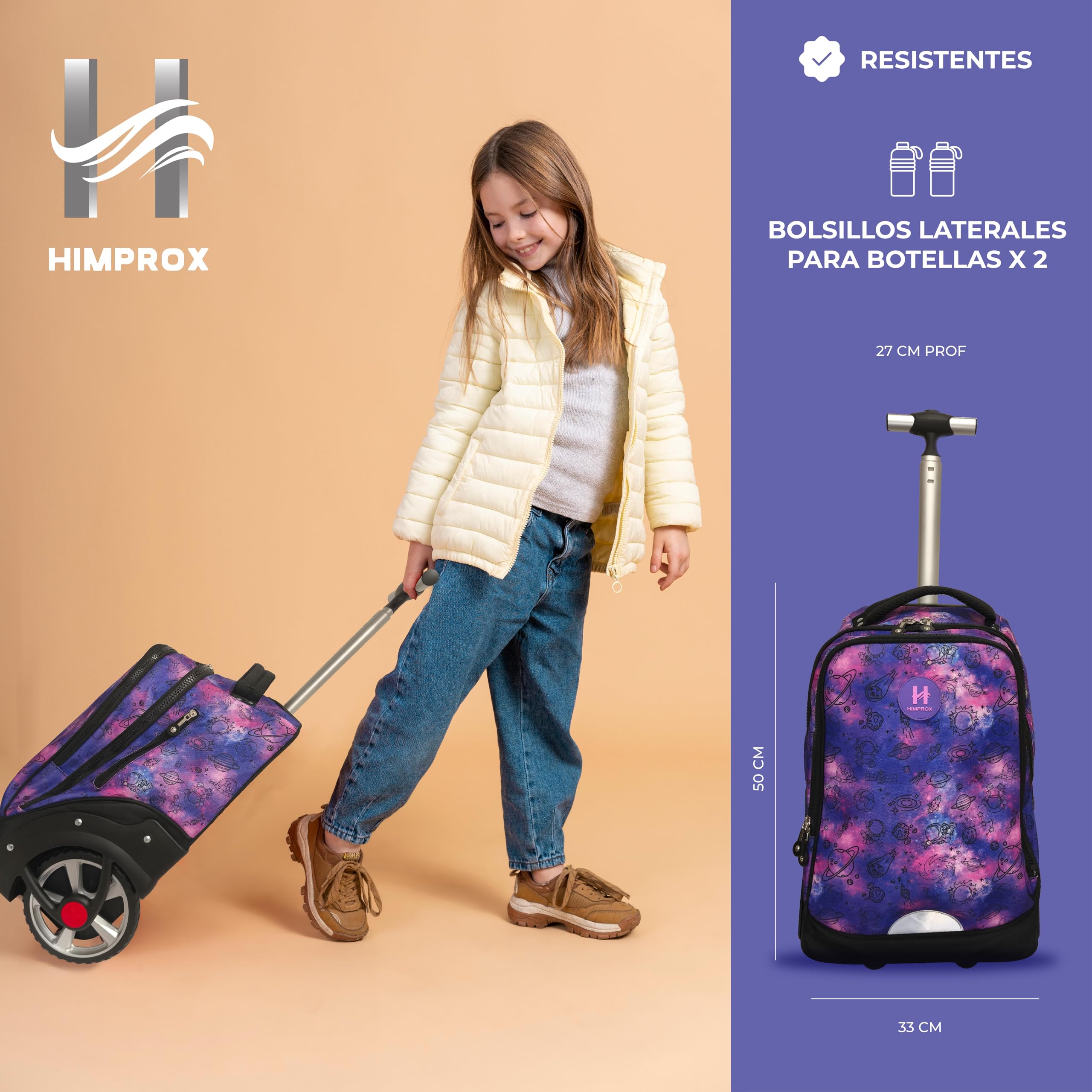 Mochila Escolar con Ruedas, Diseño Galaxia, 40L, 40 x 30 x 15 cm, Morado, con Compartimento para Portátil 15", Ruedas Silenciosas