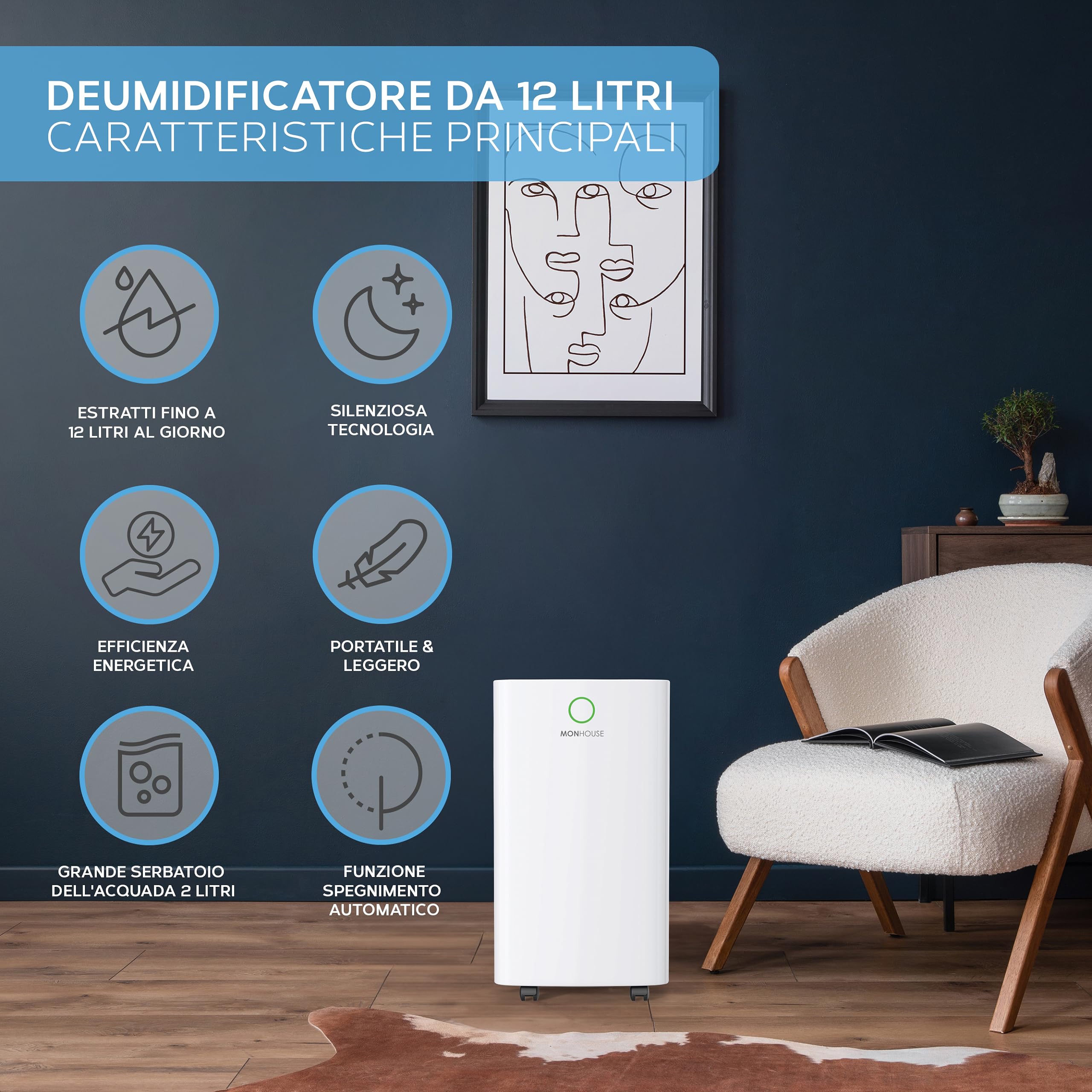MONHOUSE Deumidificatore Digitale 12L/Giorno WIFI, Modalita Notte, Timer 24 Ore Per Asciugatura Del Bucato, Camera, Cantina, Garage E Cucina - Antimuffa Elettrico Portatile Assorbiumidita Silenzioso
