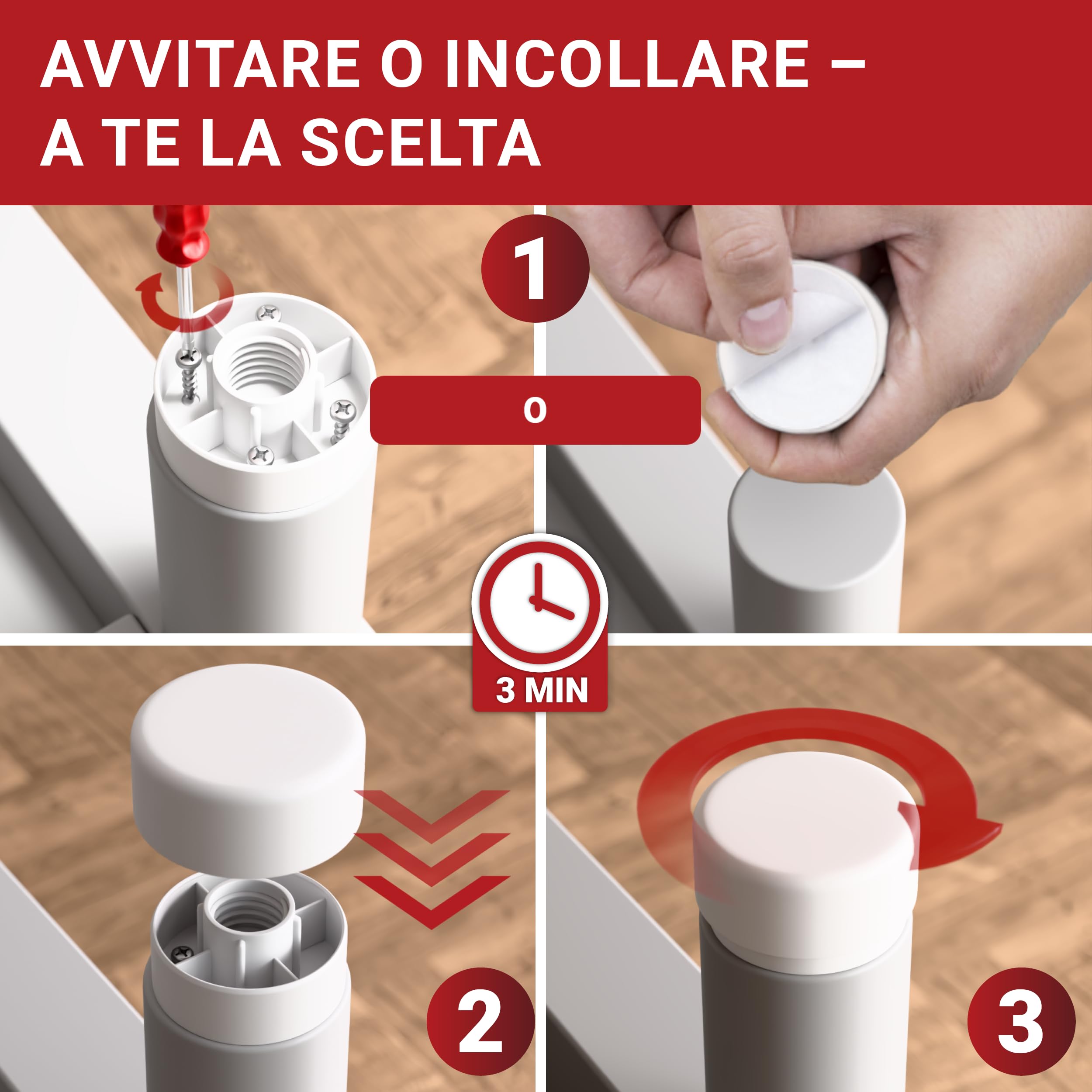 LouMaxx Piedini per Mobili Adesivi Regolabili in altezza Ø 55,5 mm – Piedini Mobili Bianchi Altezza Regolabile – Rialzi per Mobili con Materiale di Montaggio – Set da 8