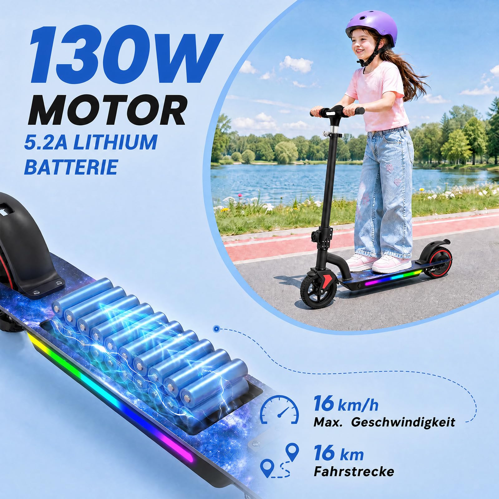 Elektroroller für Kinder von 6-16 Jahren 100cm-160cm 5.2A Batterie 3 Geschwindigkeitsstufen (6/10/16 km/h) 16km Reichweite Höhenverstellbar Reichweite faltbar LED-Display E-Scooter für Kinder