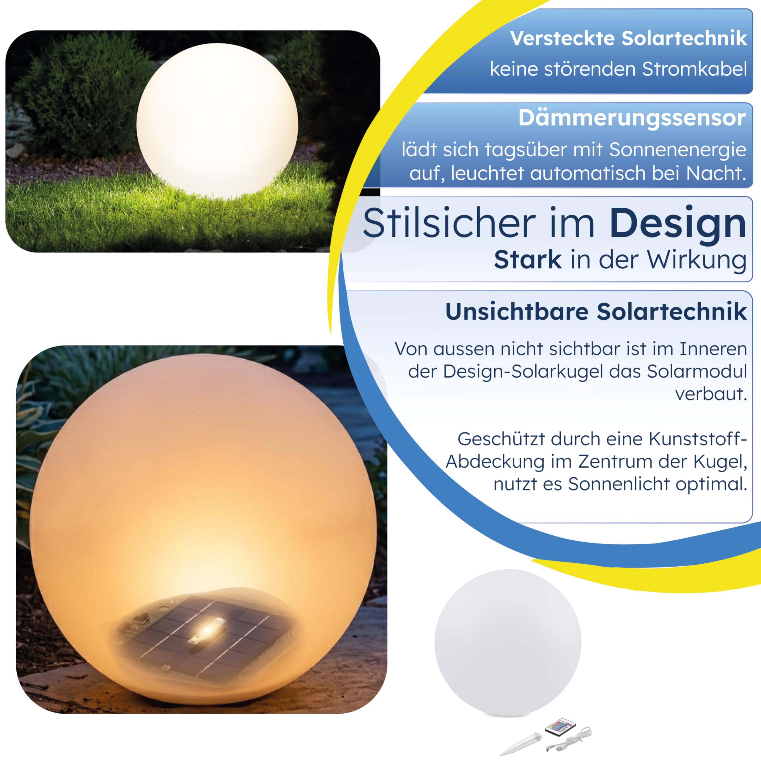Esotec Solarkugel für den Garten Siena 50, multicolor, 50cm, Fernbedienung, USB, 16 Leuchtfarben, Akku, Solarmodul, Erdspieß, Solarleuchte, Kugelleuchte, außen, winterfest, wetterfest, 102893